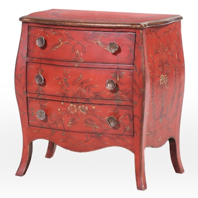 Louis XV Style Paint-Decorated and Parcel Gilt Three-Drawer Bombé Commode Louis XV Style Paint-Decorated and Parcel Gilt Three-Drawer Bombé Commode