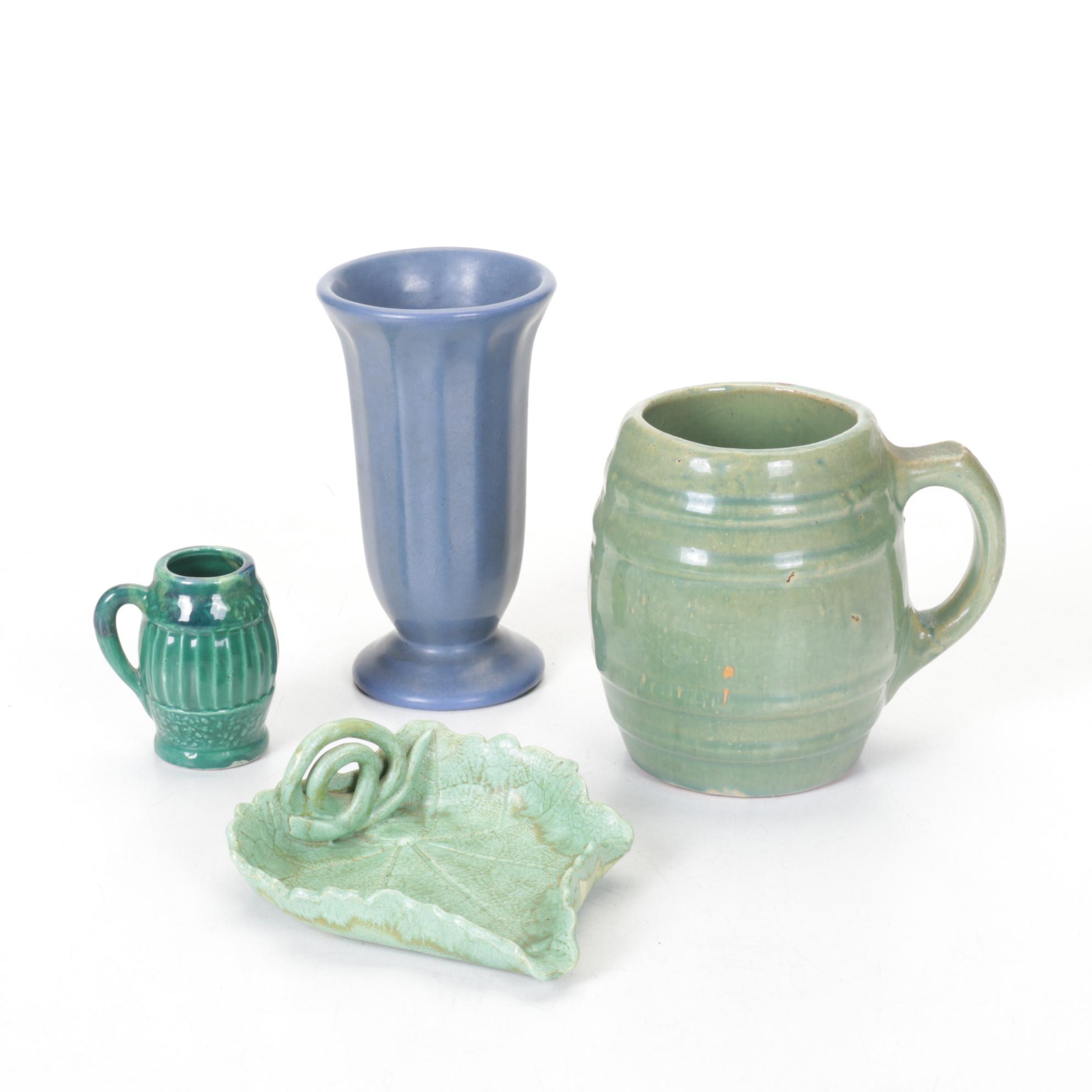 Studio Pottery Green Barrel Mugs, Leaf Dish and Indigo Blue Vase, Mid 20th C.