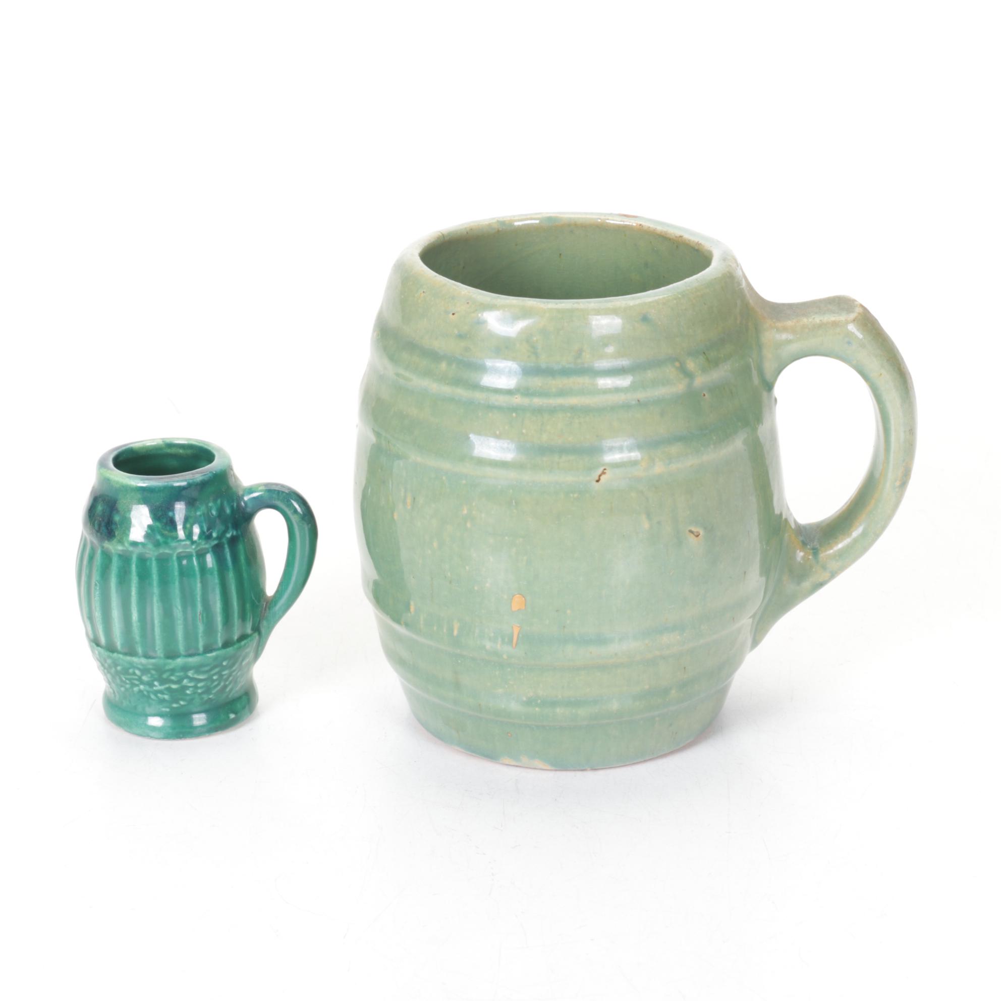 Studio Pottery Green Barrel Mugs, Leaf Dish and Indigo Blue Vase, Mid 20th C.