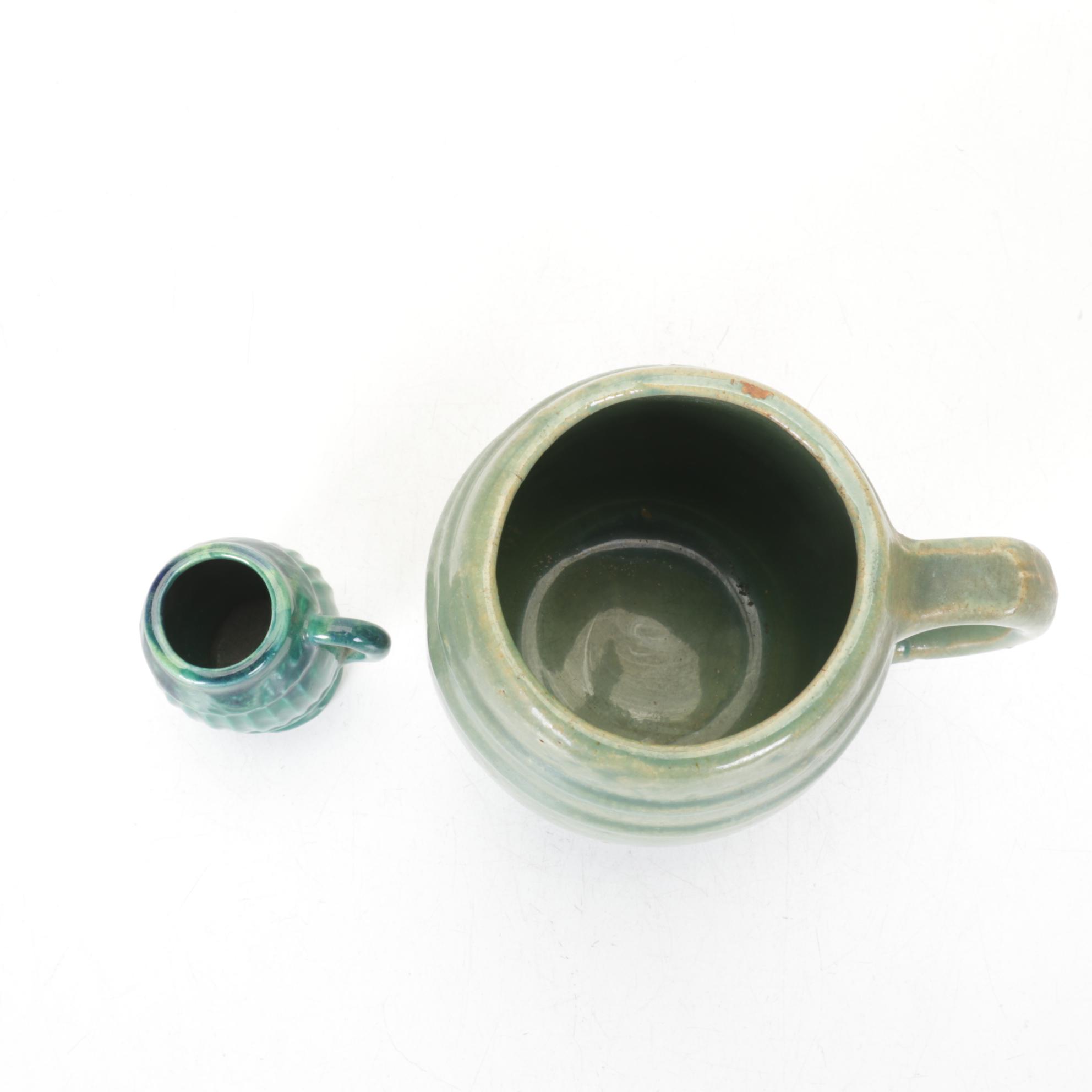 Studio Pottery Green Barrel Mugs, Leaf Dish and Indigo Blue Vase, Mid 20th C.