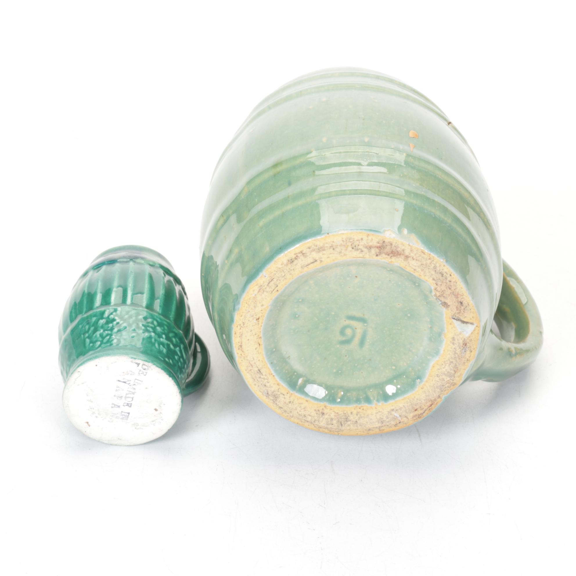 Studio Pottery Green Barrel Mugs, Leaf Dish and Indigo Blue Vase, Mid 20th C.