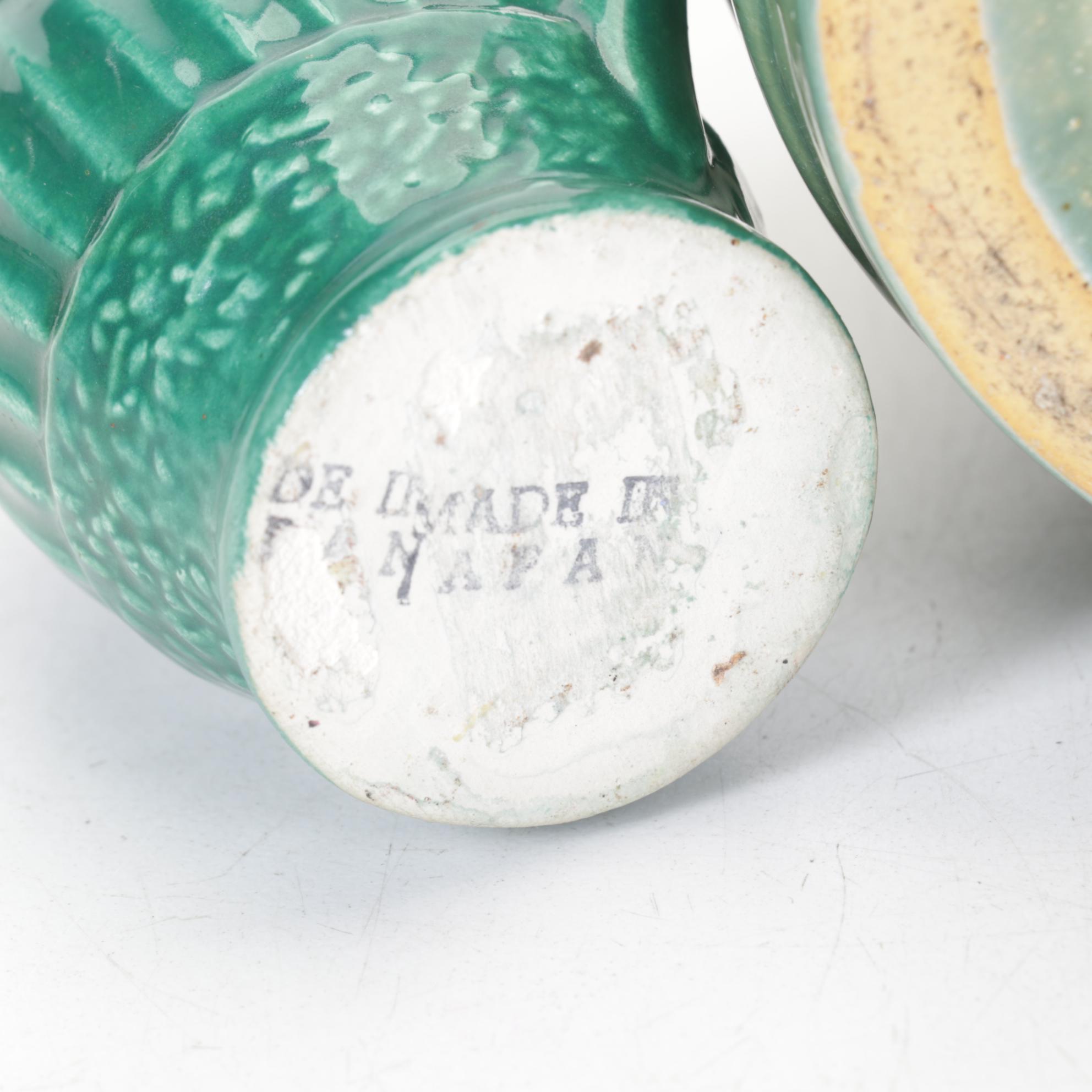 Studio Pottery Green Barrel Mugs, Leaf Dish and Indigo Blue Vase, Mid 20th C.