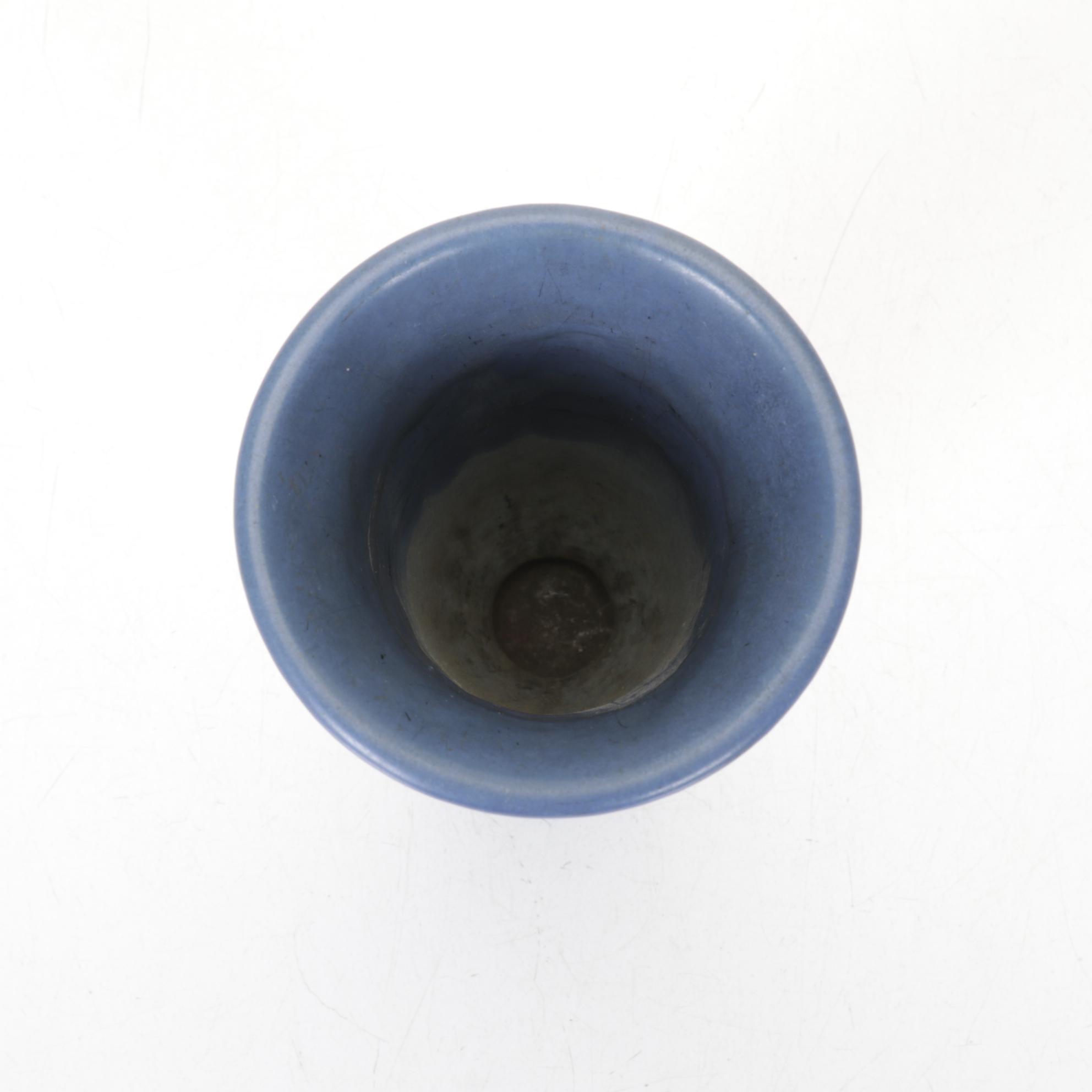 Studio Pottery Green Barrel Mugs, Leaf Dish and Indigo Blue Vase, Mid 20th C.