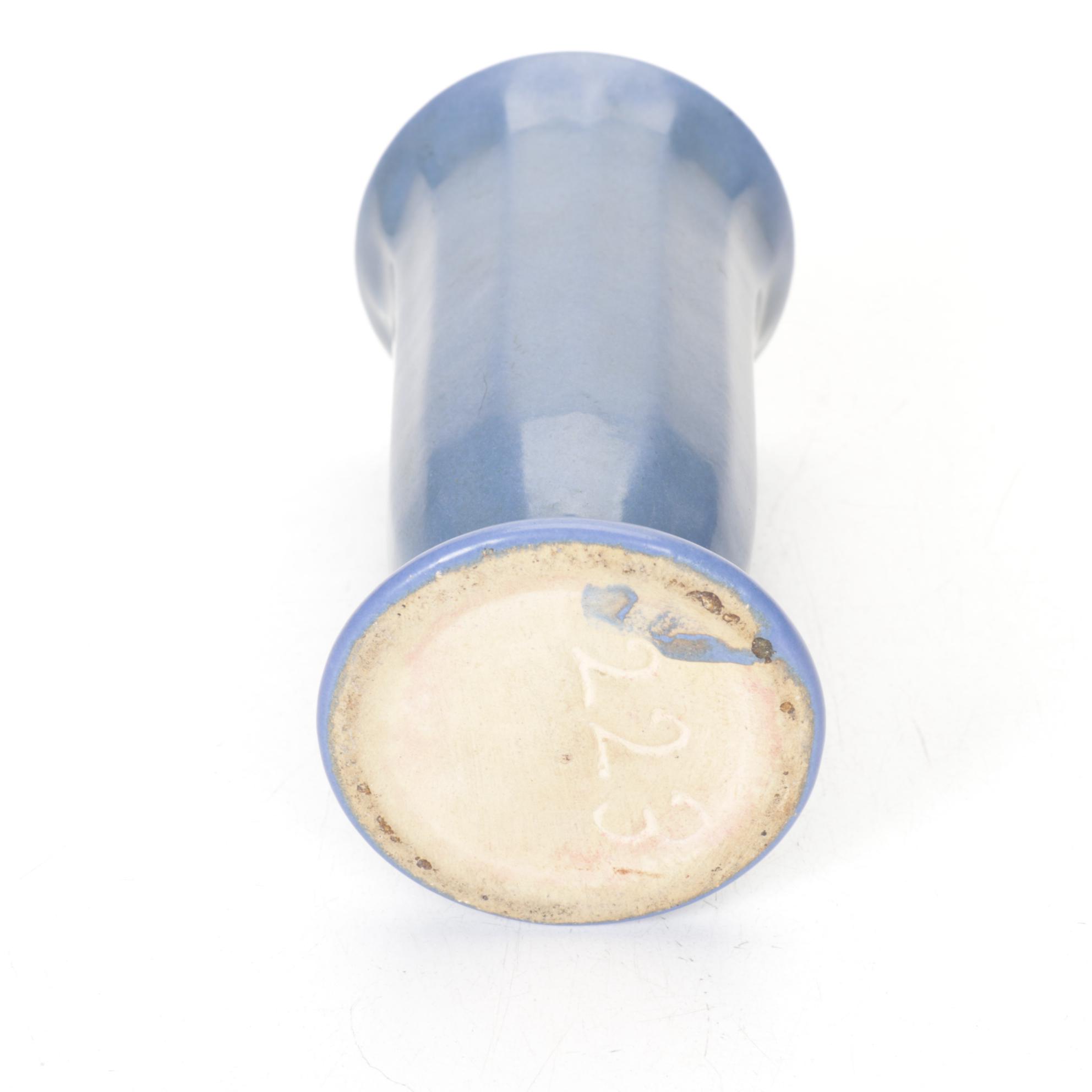 Studio Pottery Green Barrel Mugs, Leaf Dish and Indigo Blue Vase, Mid 20th C.