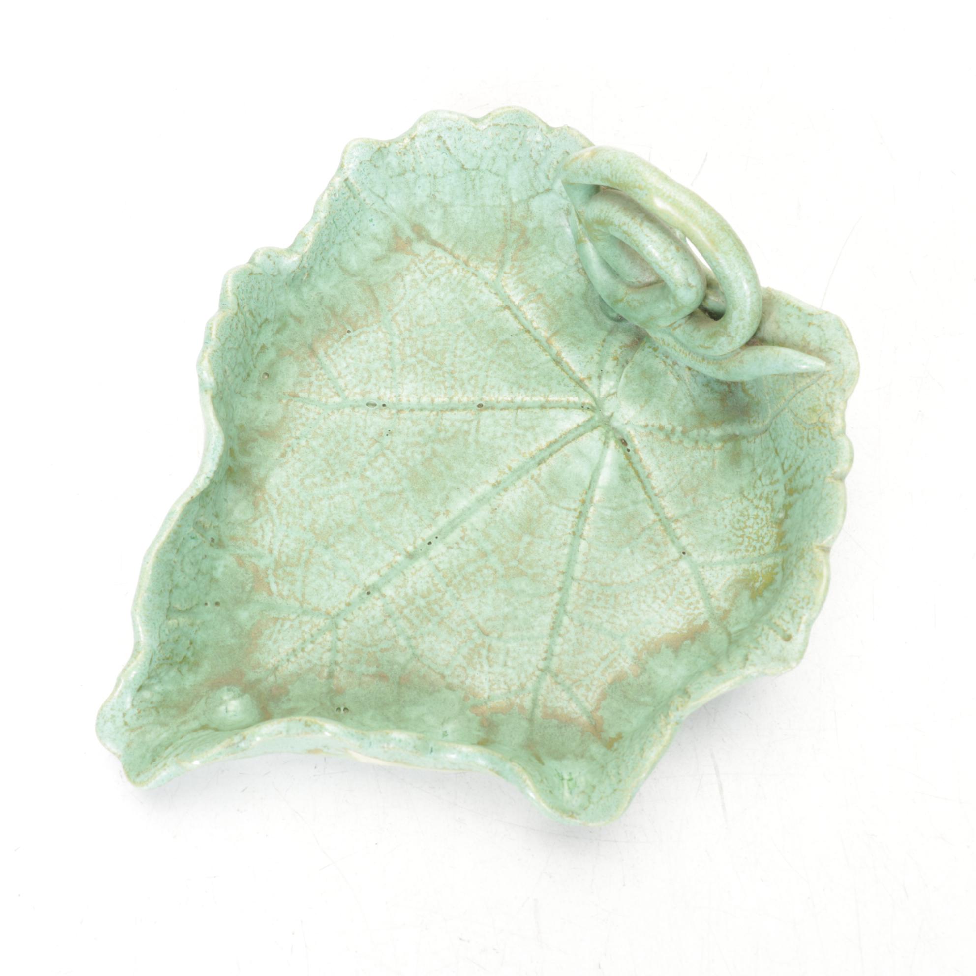 Studio Pottery Green Barrel Mugs, Leaf Dish and Indigo Blue Vase, Mid 20th C.