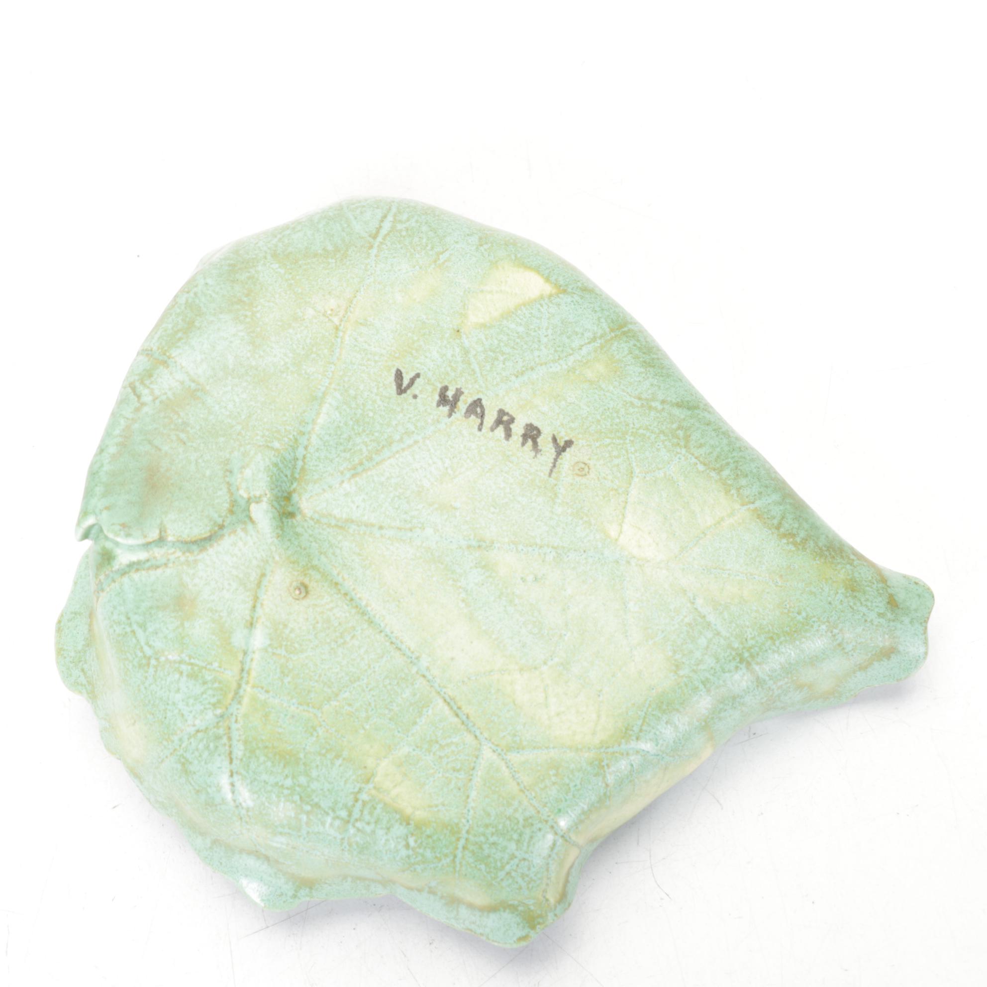 Studio Pottery Green Barrel Mugs, Leaf Dish and Indigo Blue Vase, Mid 20th C.