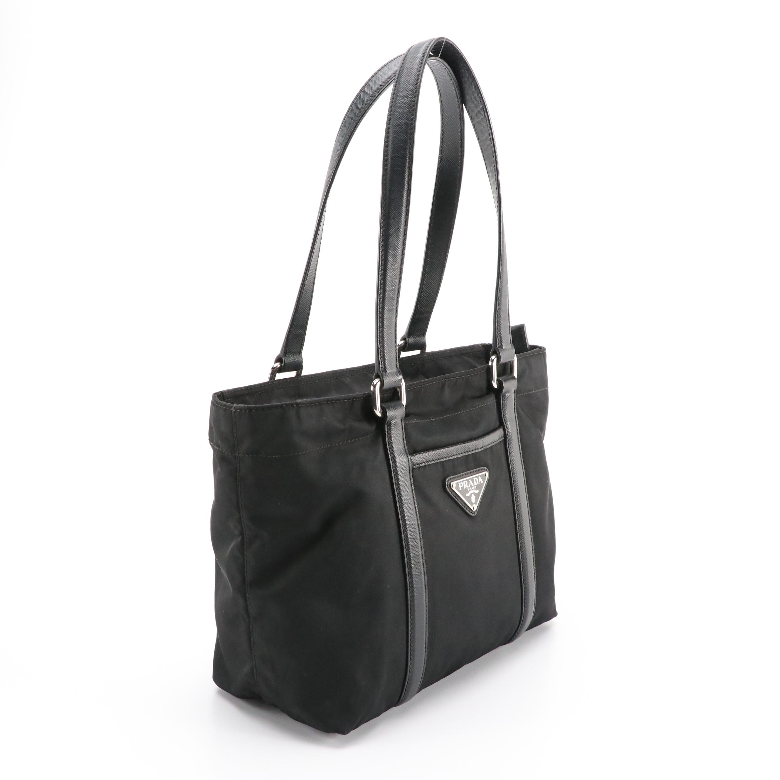 Prada Small Front Pocket Shoulder Bag in Black Nylon and Saffiano Leather Trim