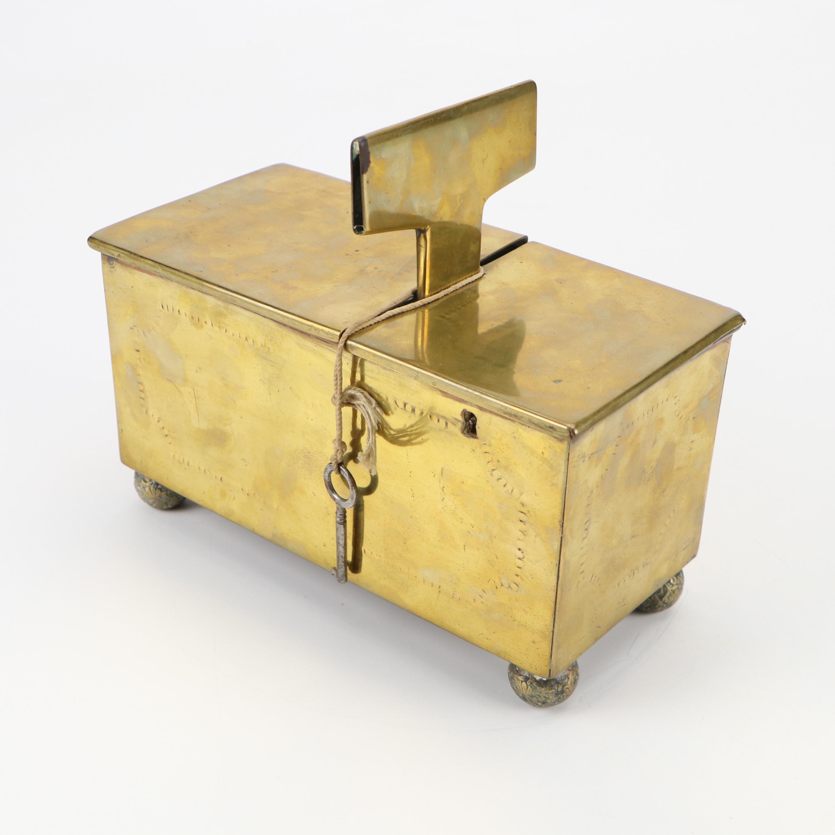 Brass Tobacco Honor Box with Key and Coins