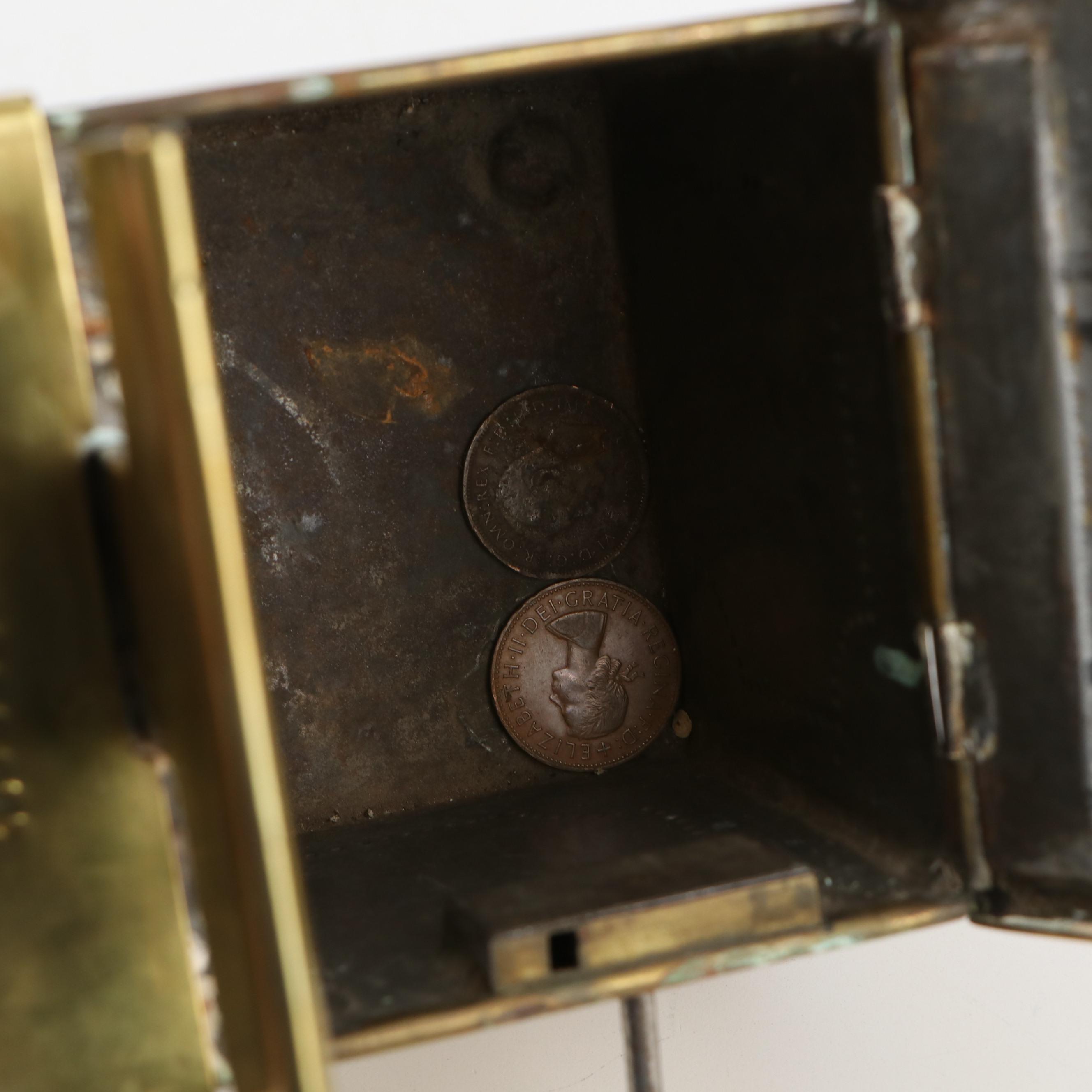 Brass Tobacco Honor Box with Key and Coins