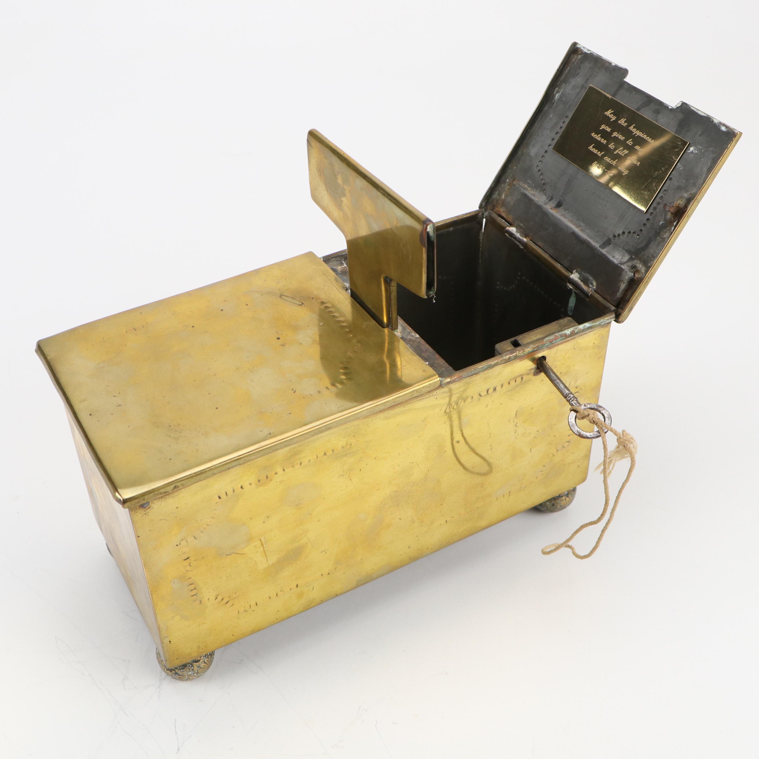 Brass Tobacco Honor Box with Key and Coins