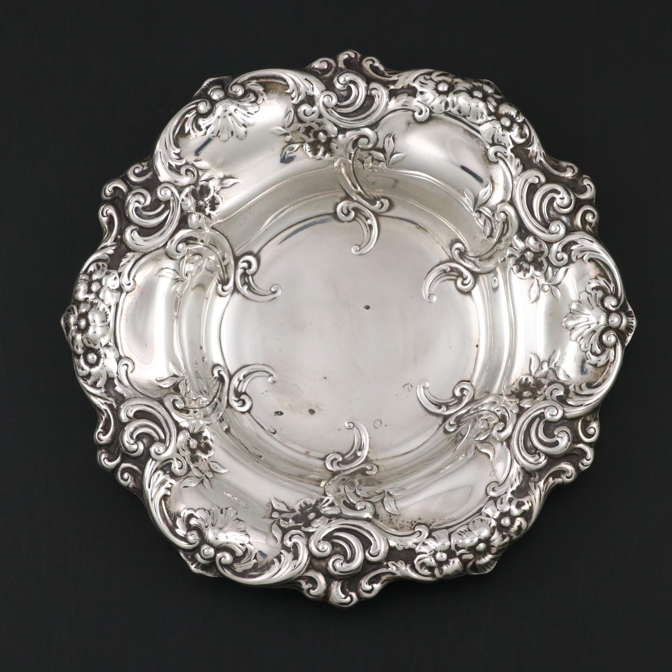 Gorham Sterling Silver Bonbon Bowl with Repoussé Floral Motif, 1948