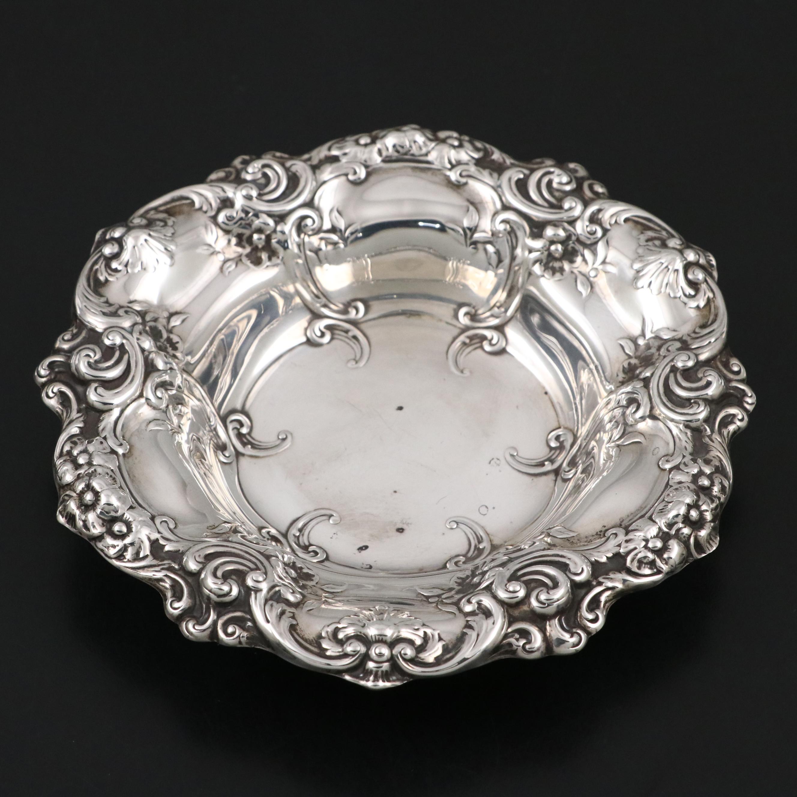Gorham Sterling Silver Bonbon Bowl with Repoussé Floral Motif, 1948