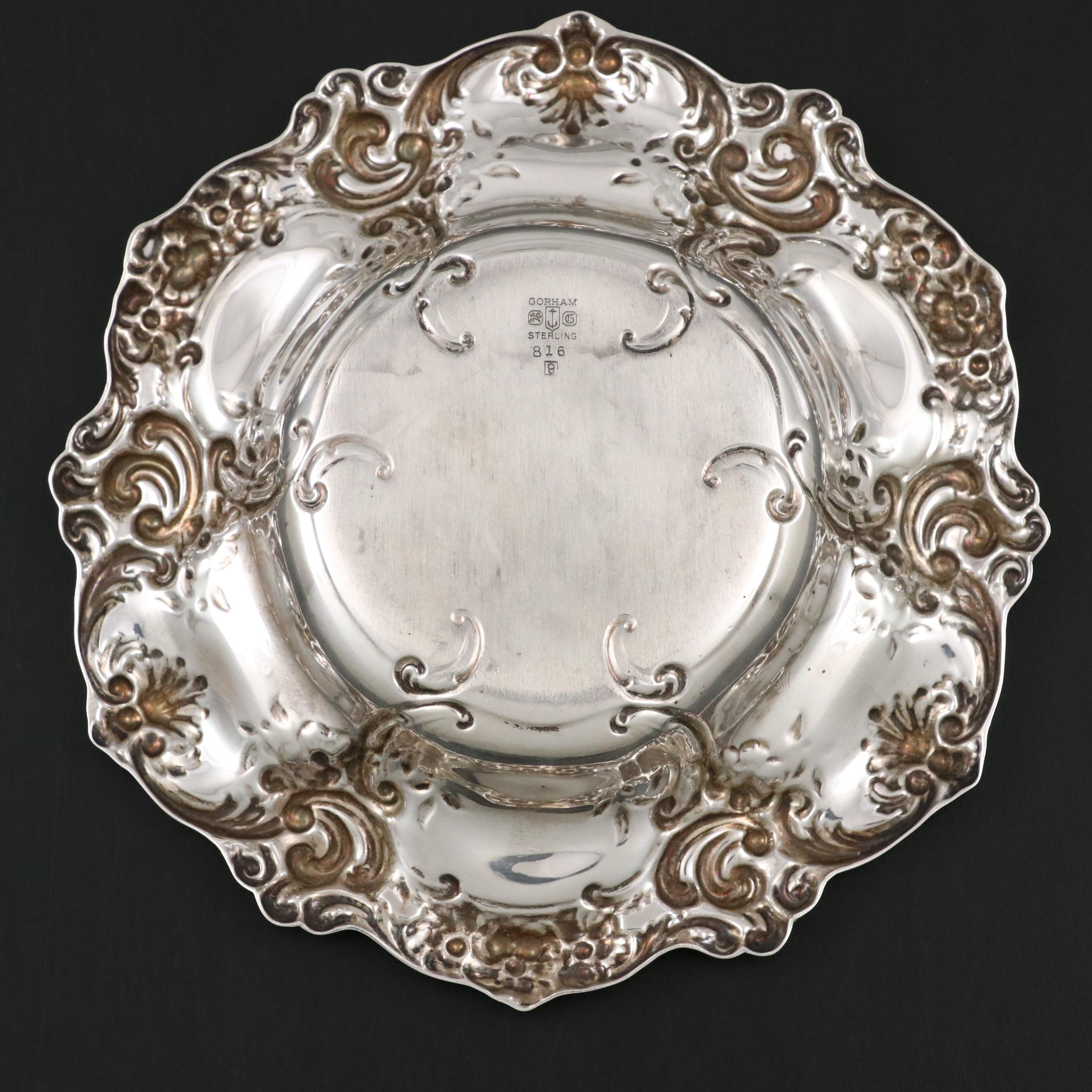 Gorham Sterling Silver Bonbon Bowl with Repoussé Floral Motif, 1948