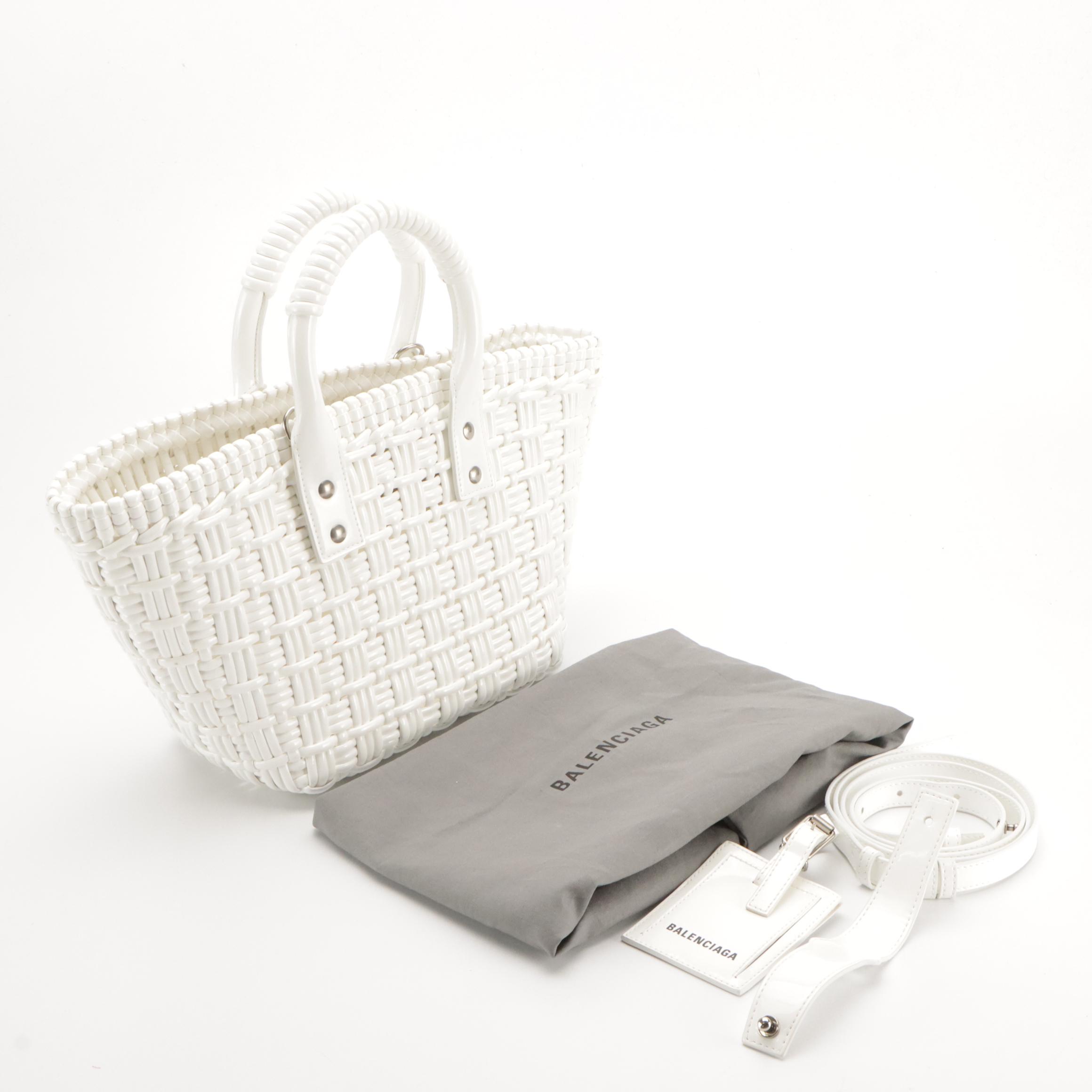 Balenciaga Bistro Basket Tote in White Wicker-Woven Faux Leather