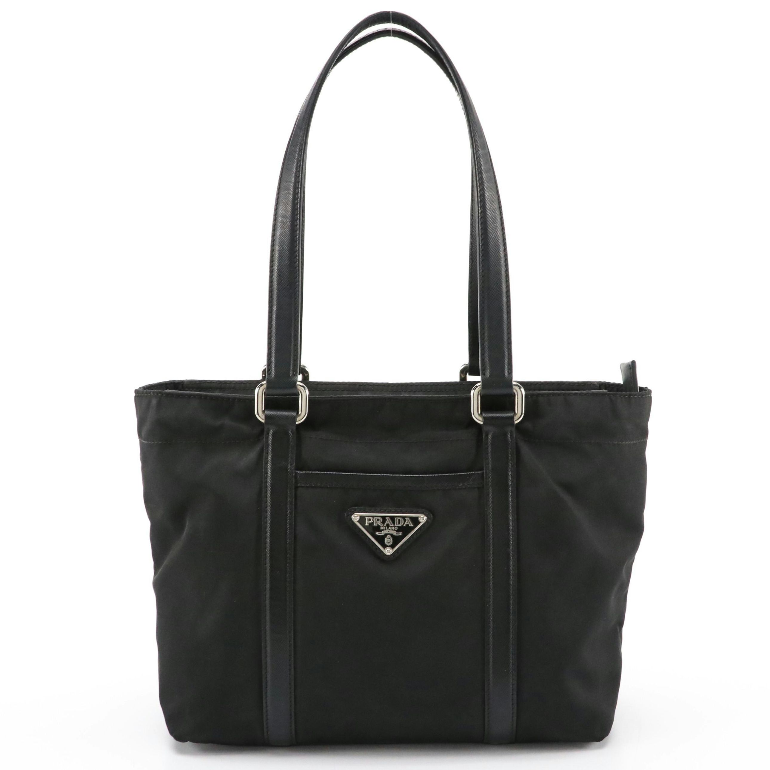 Prada Small Front Pocket Shoulder Bag in Black Nylon and Saffiano Leather Trim