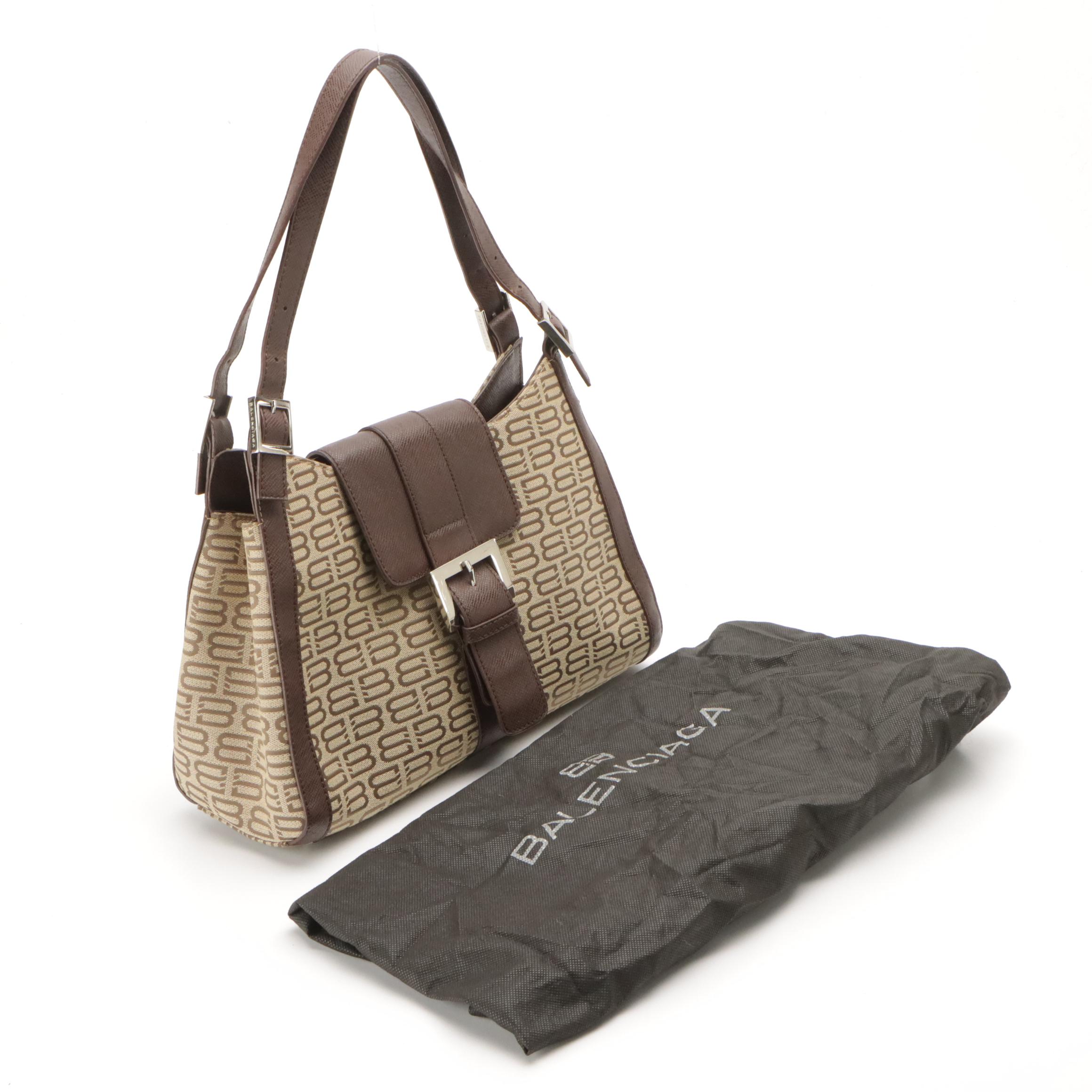 Balenciaga Shoulder Bag in Logo Jacquard Canvas with Leather Trim