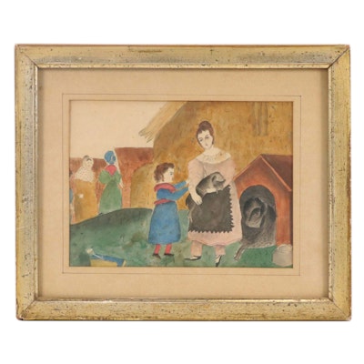 American Folk Art Genre Scene Watercolor Painting American Folk Art Genre Scene Watercolor Painting