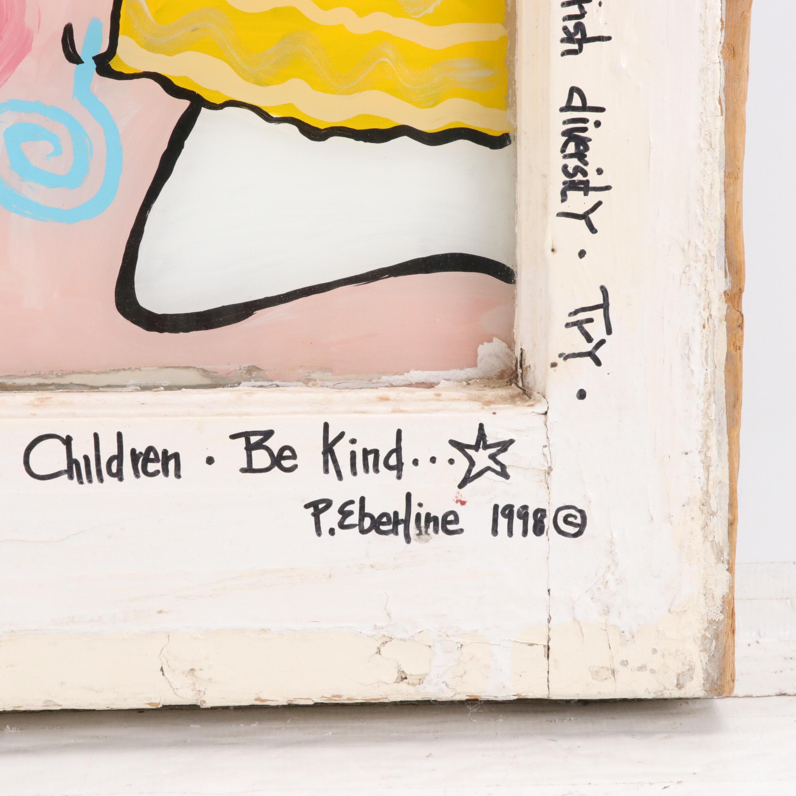 Pat Eberline Folk Art Window Painting "Maiden with Flag," 1998