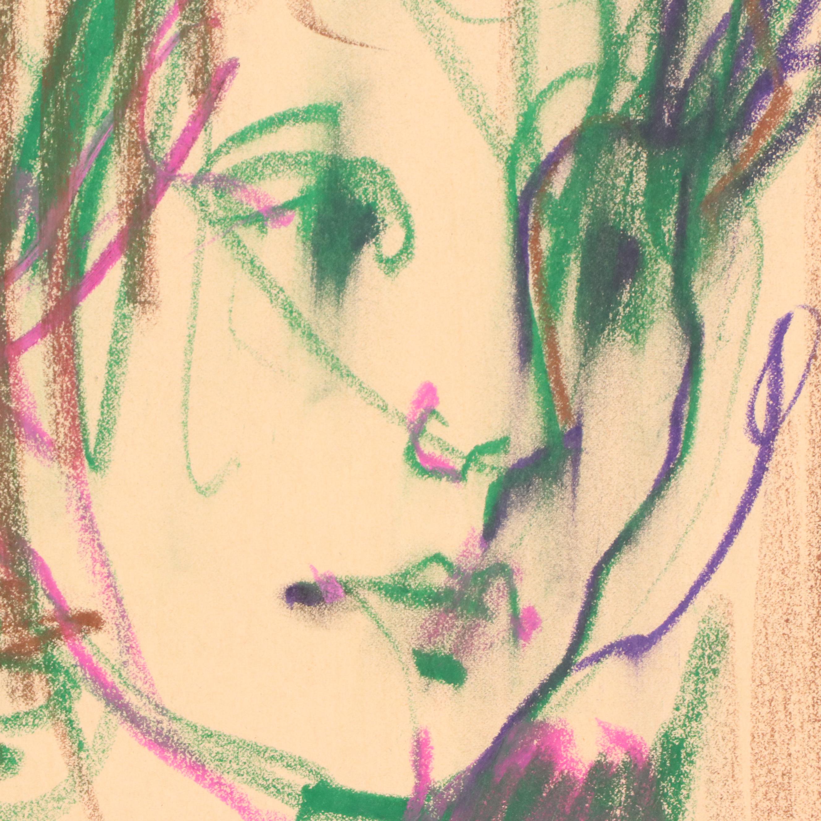 Jack Meanwell Expressionist Oil Pastel Portrait Drawing, 1979