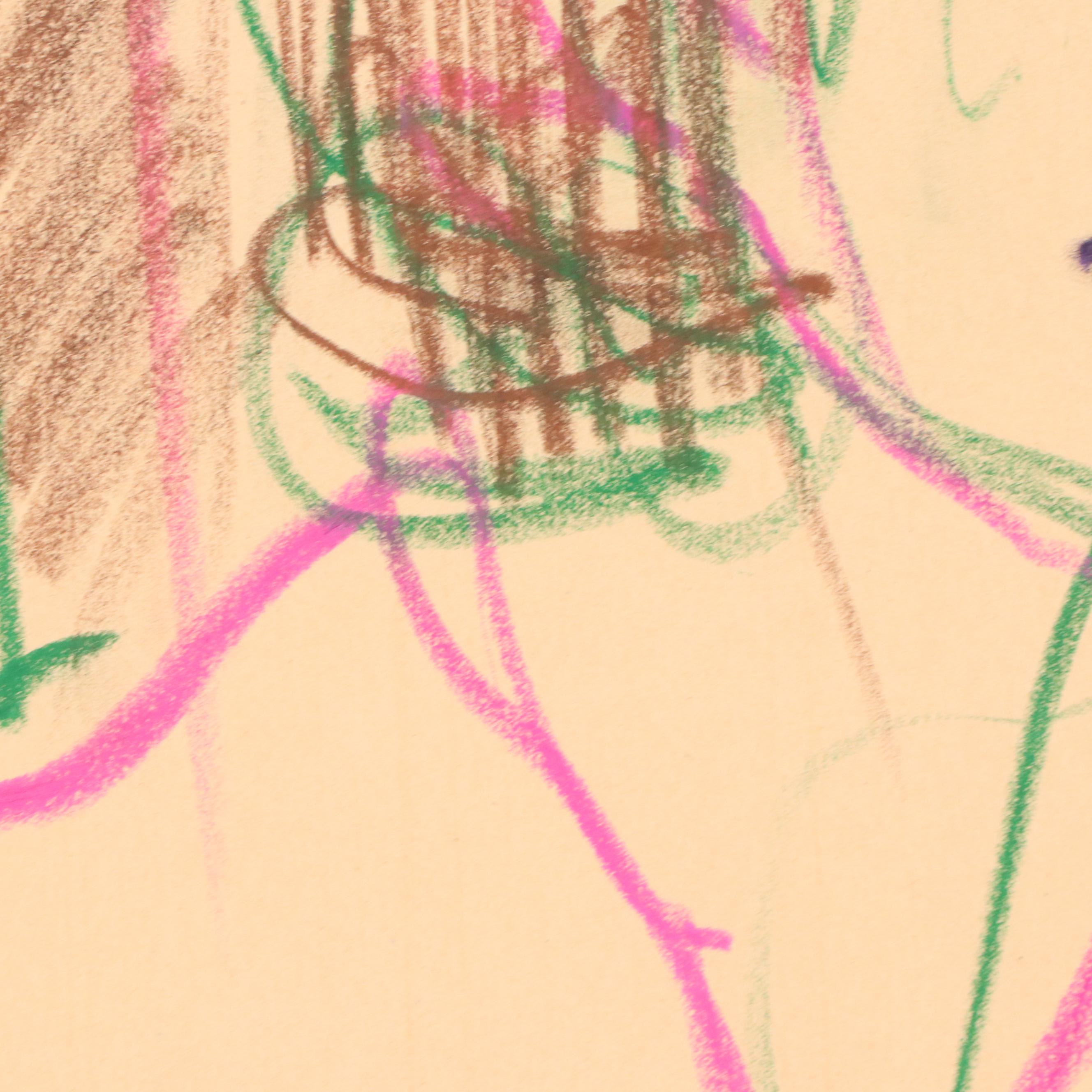 Jack Meanwell Expressionist Oil Pastel Portrait Drawing, 1979