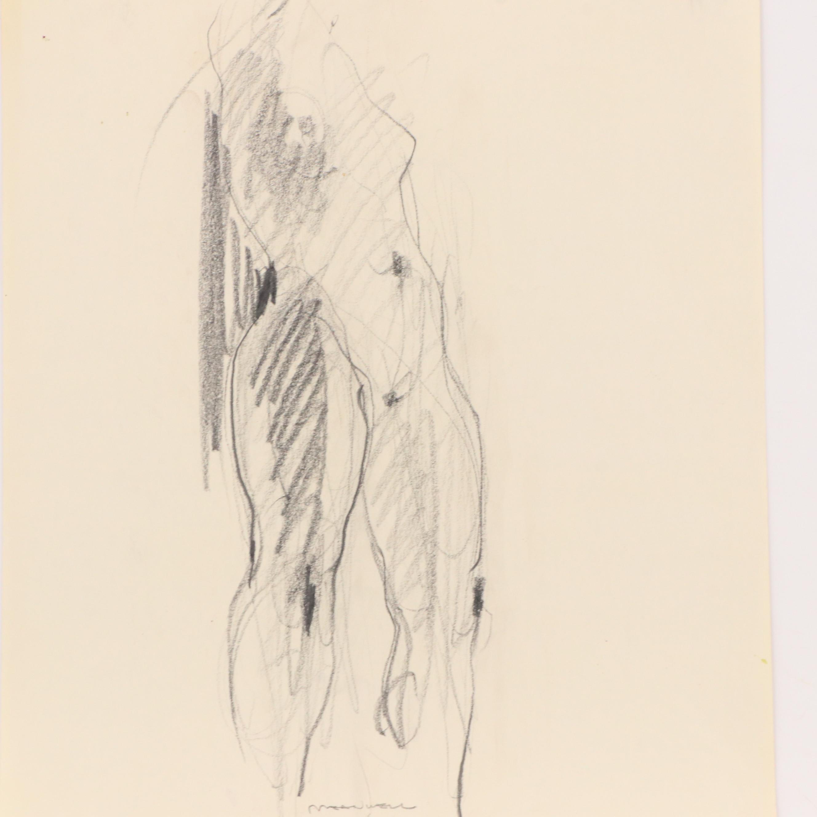 Jack Meanwell Expressionist Graphite Figure Drawing, Late 20th Century