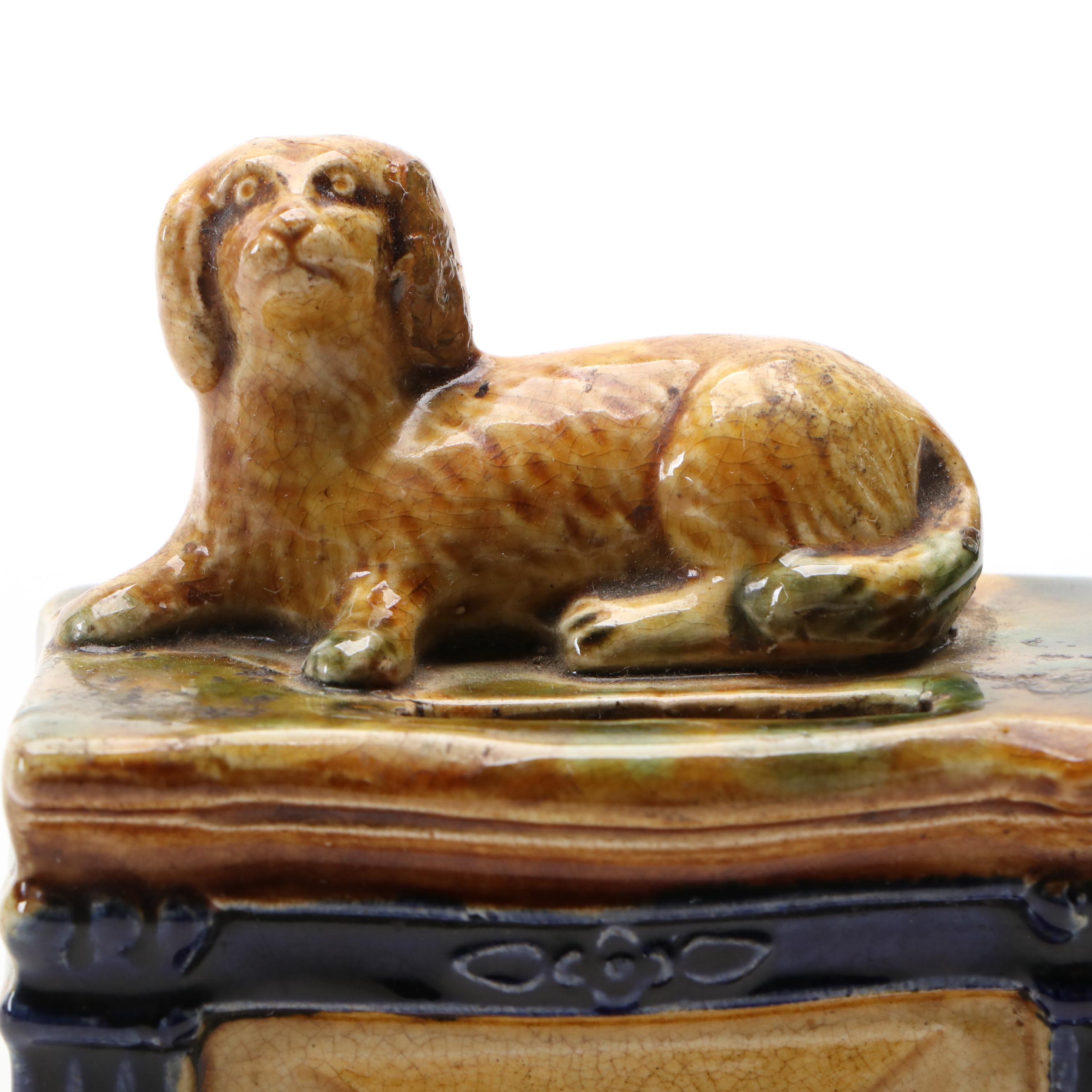 Majolica Spaniel Dog on Fireplace Mantel Ceramic Coin Bank, Antique