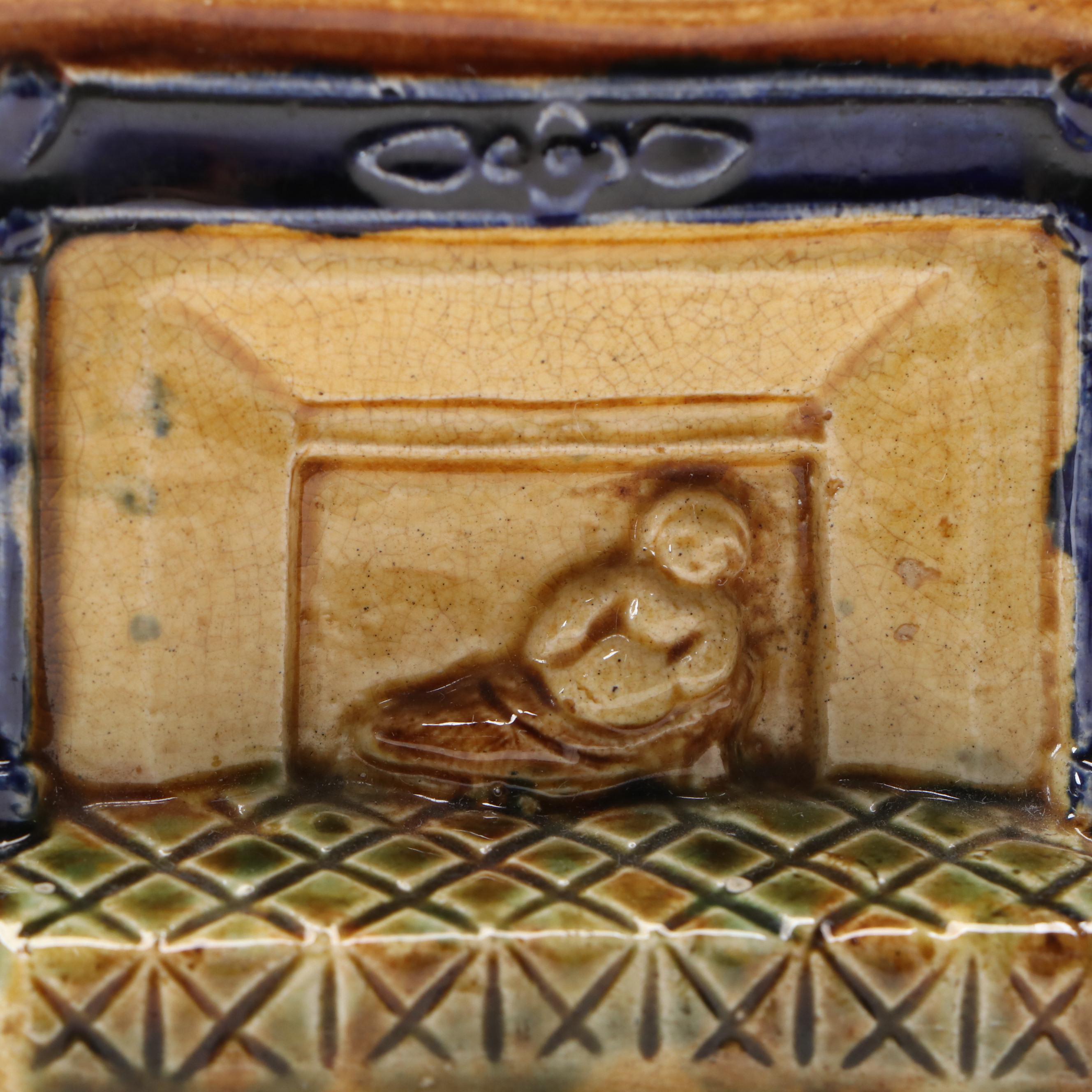 Majolica Spaniel Dog on Fireplace Mantel Ceramic Coin Bank, Antique