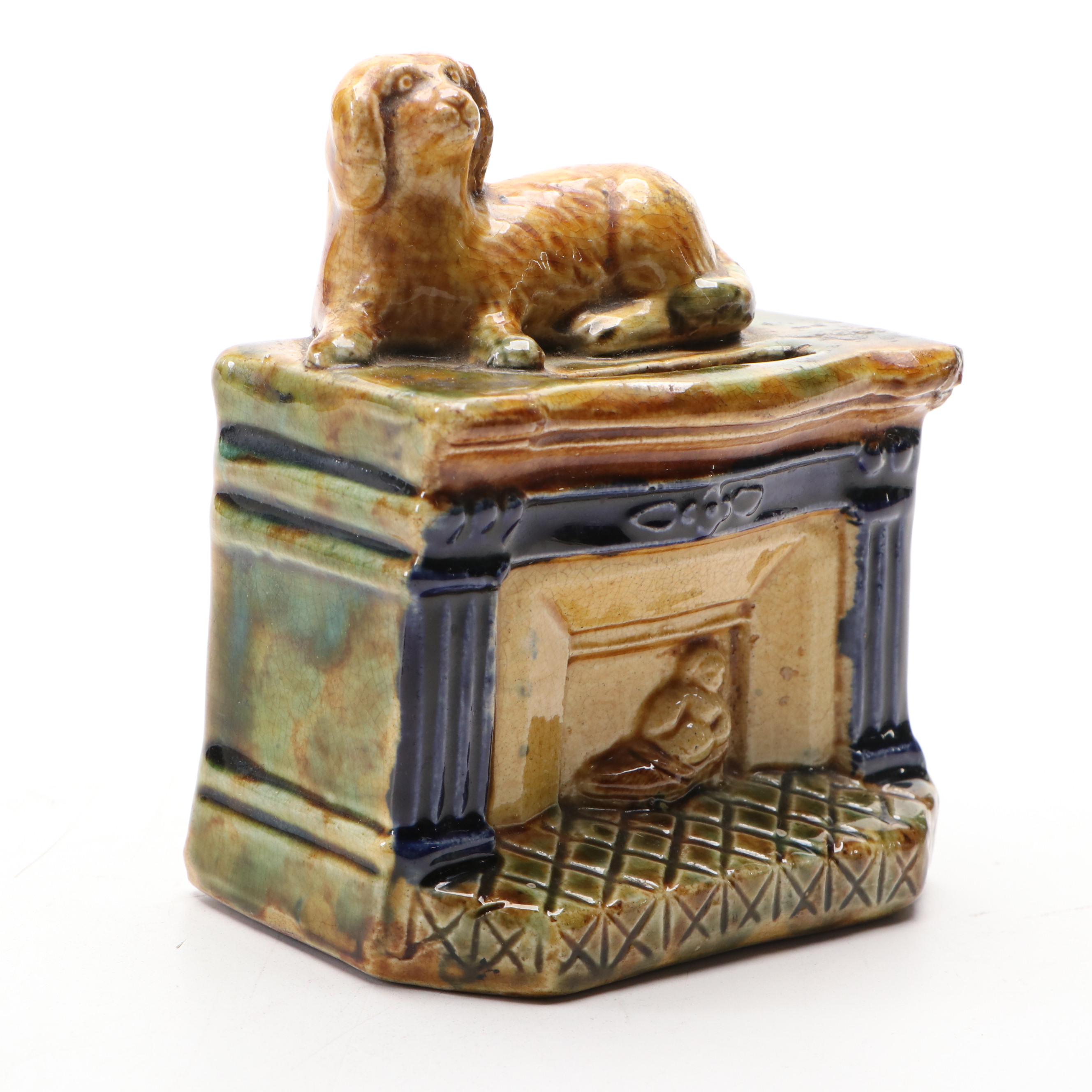 Majolica Spaniel Dog on Fireplace Mantel Ceramic Coin Bank, Antique