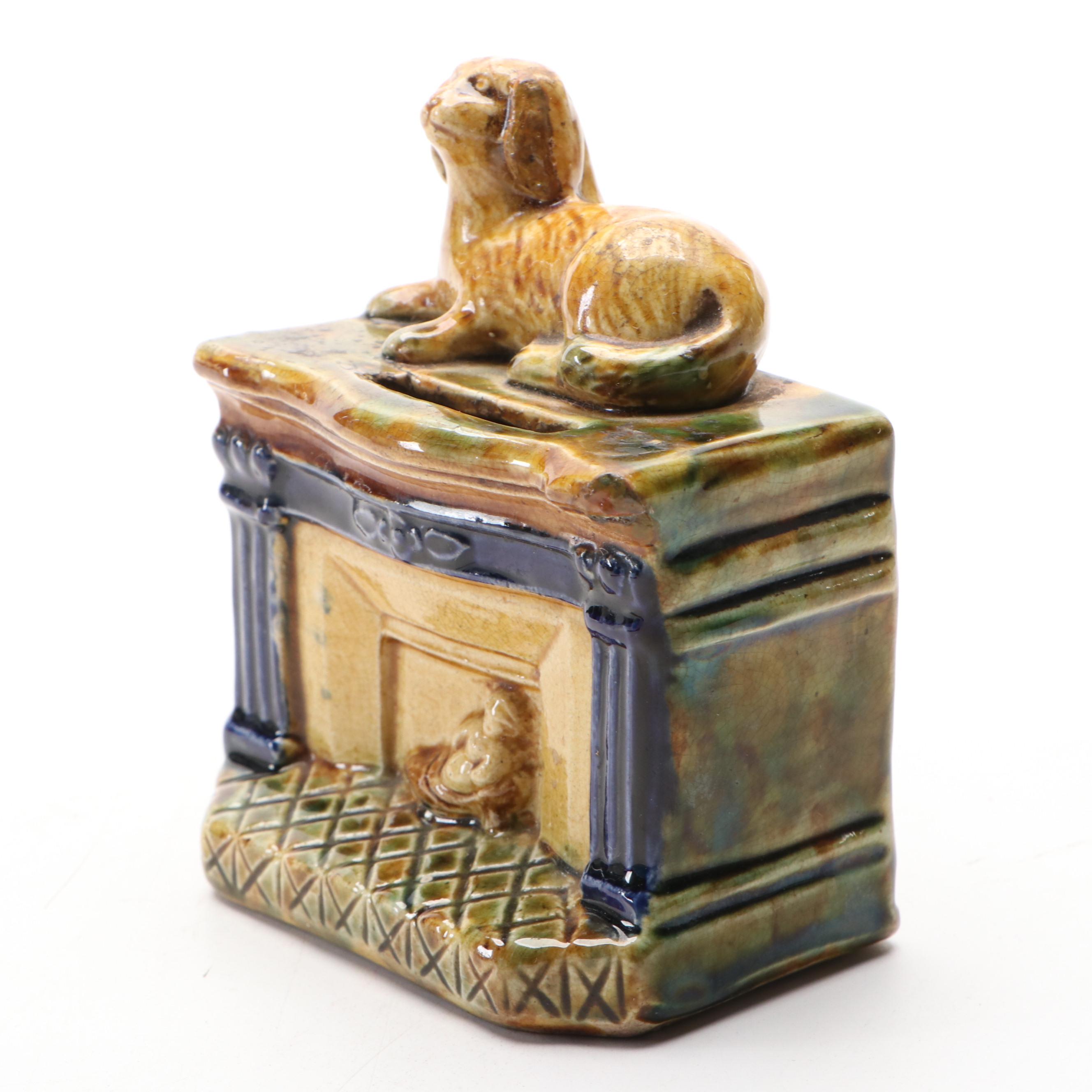 Majolica Spaniel Dog on Fireplace Mantel Ceramic Coin Bank, Antique