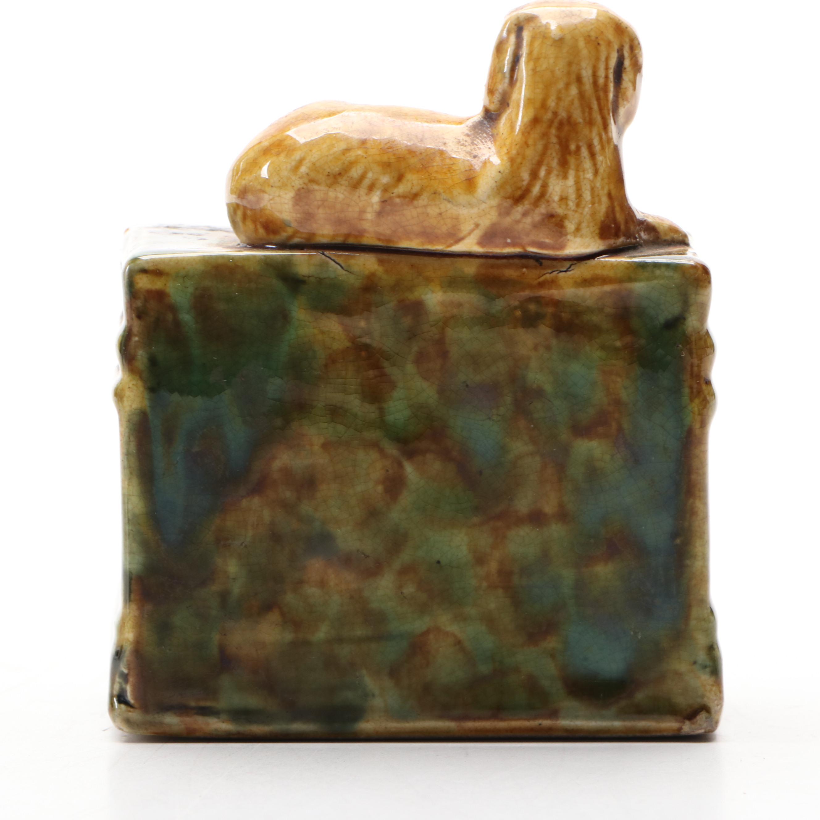 Majolica Spaniel Dog on Fireplace Mantel Ceramic Coin Bank, Antique