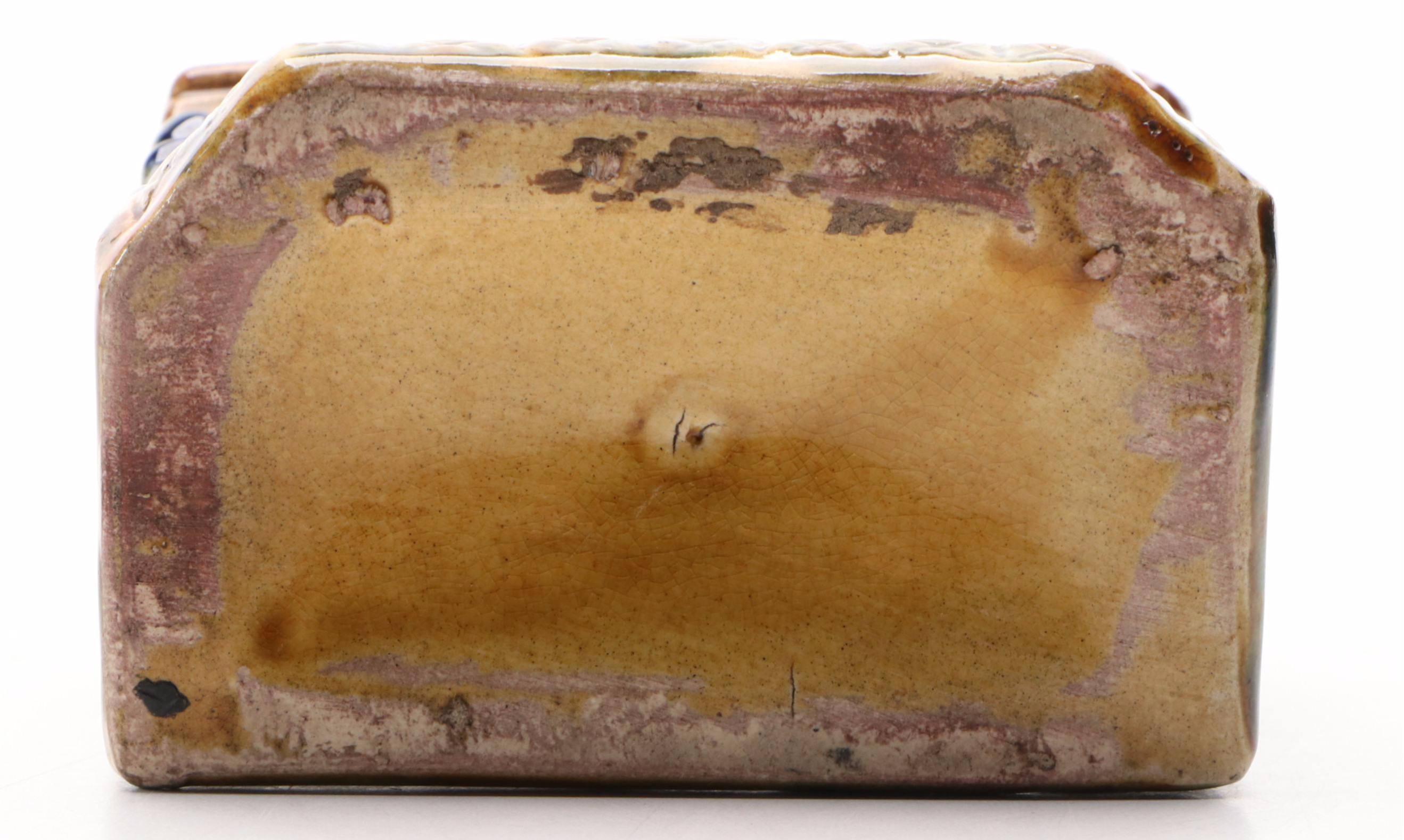 Majolica Spaniel Dog on Fireplace Mantel Ceramic Coin Bank, Antique