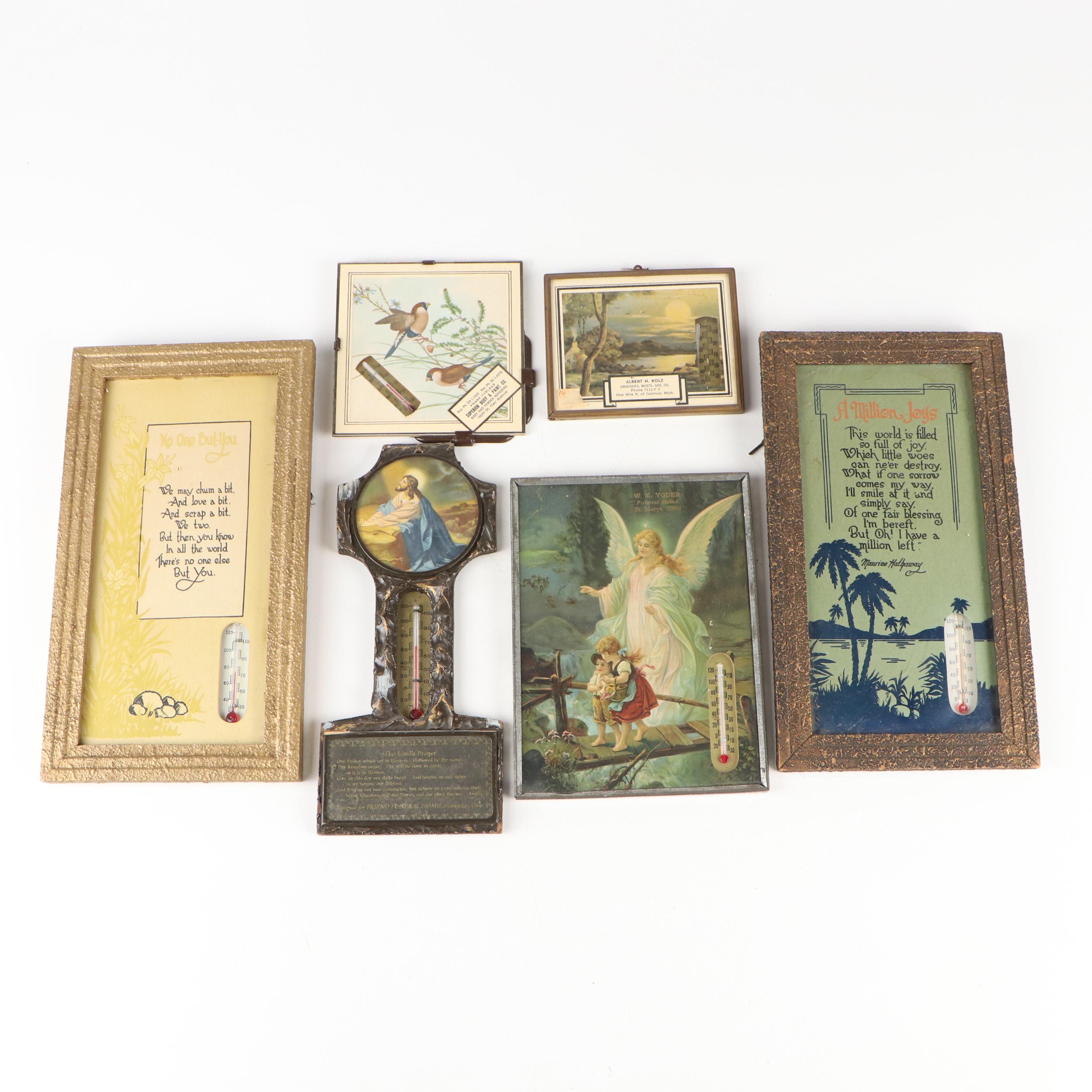 Framed Advertising and Other Paper Backed Thermometers and Calendars, Mid-20th C