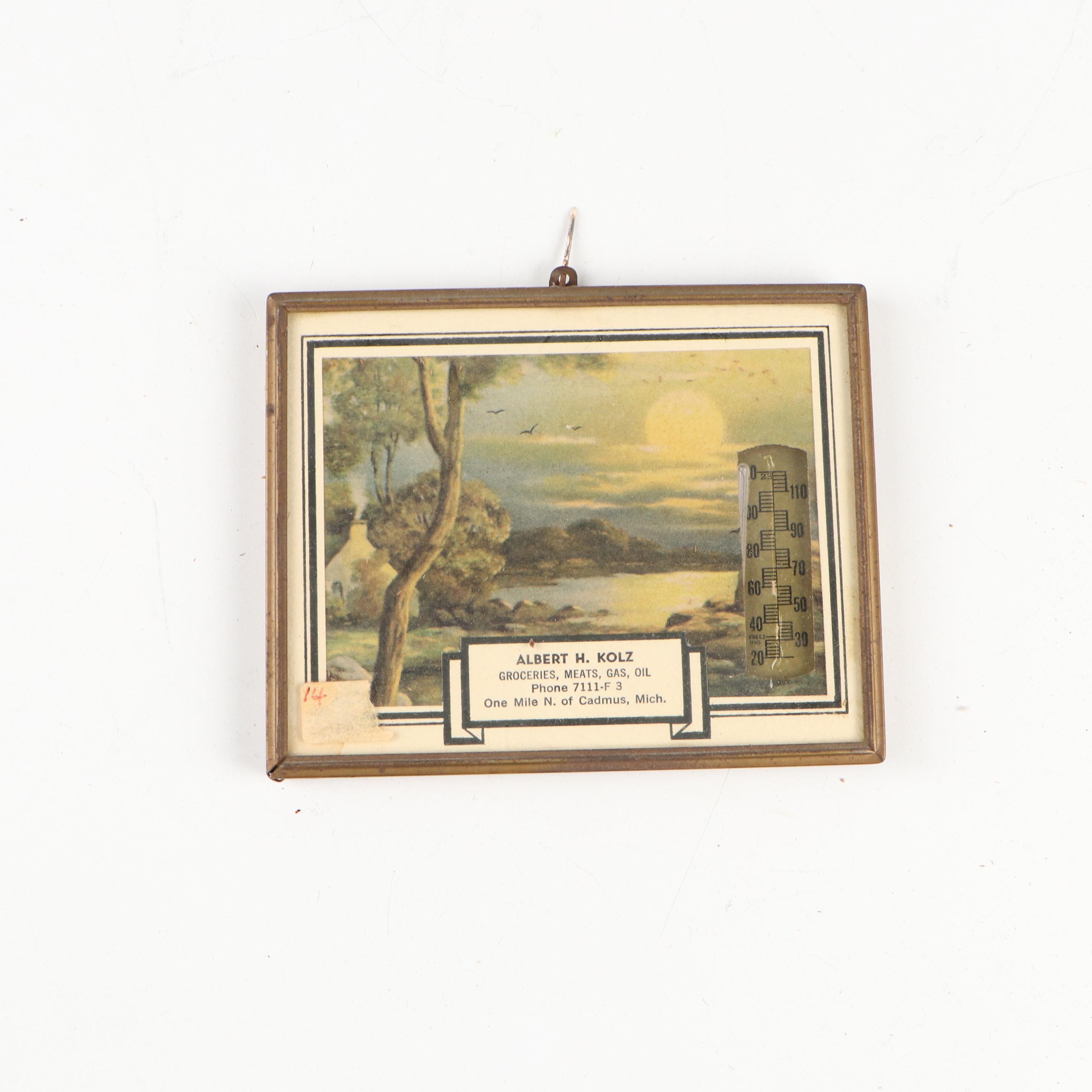 Framed Advertising and Other Paper Backed Thermometers and Calendars, Mid-20th C