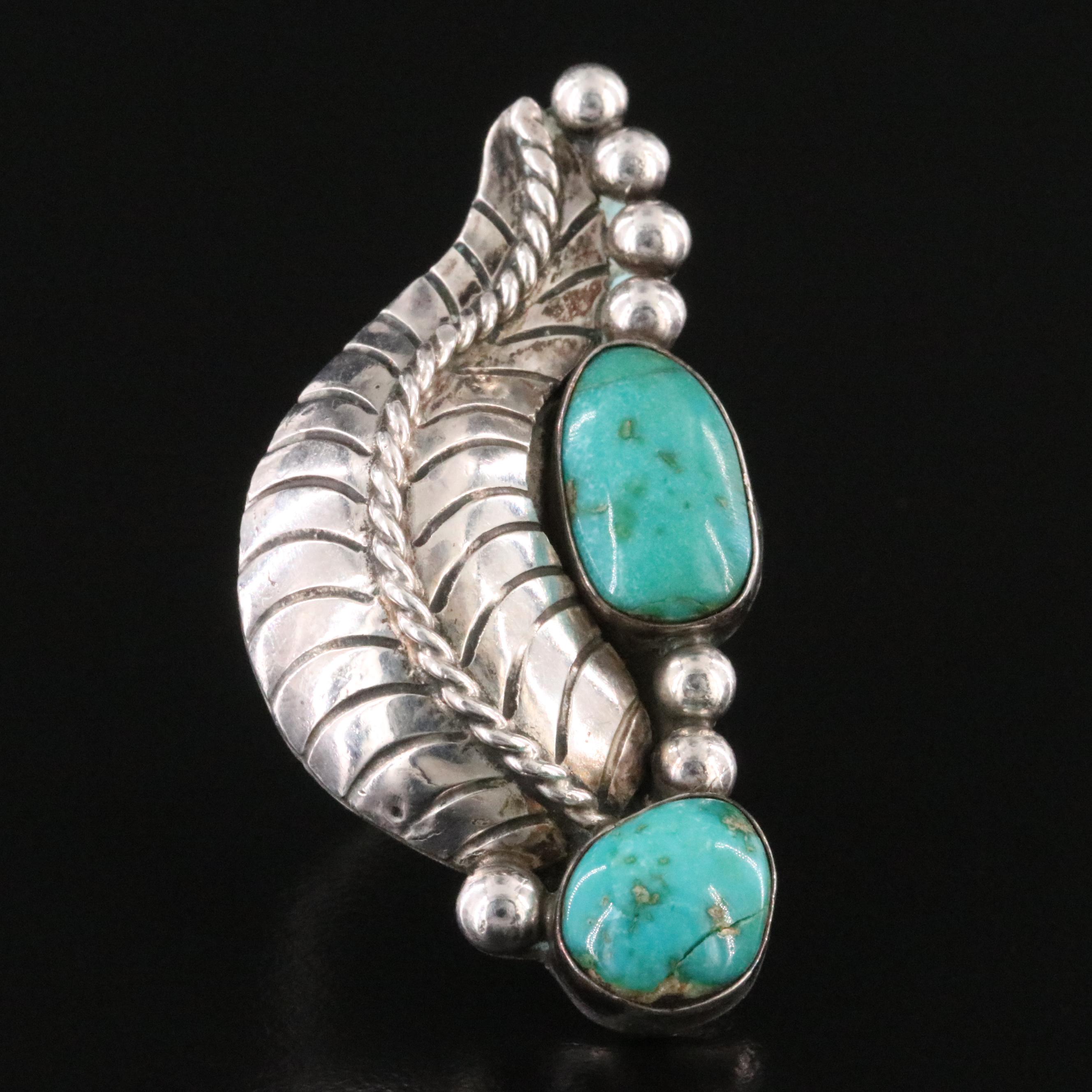Southwestern Sterling and Turquoise Feather Pointer Ring