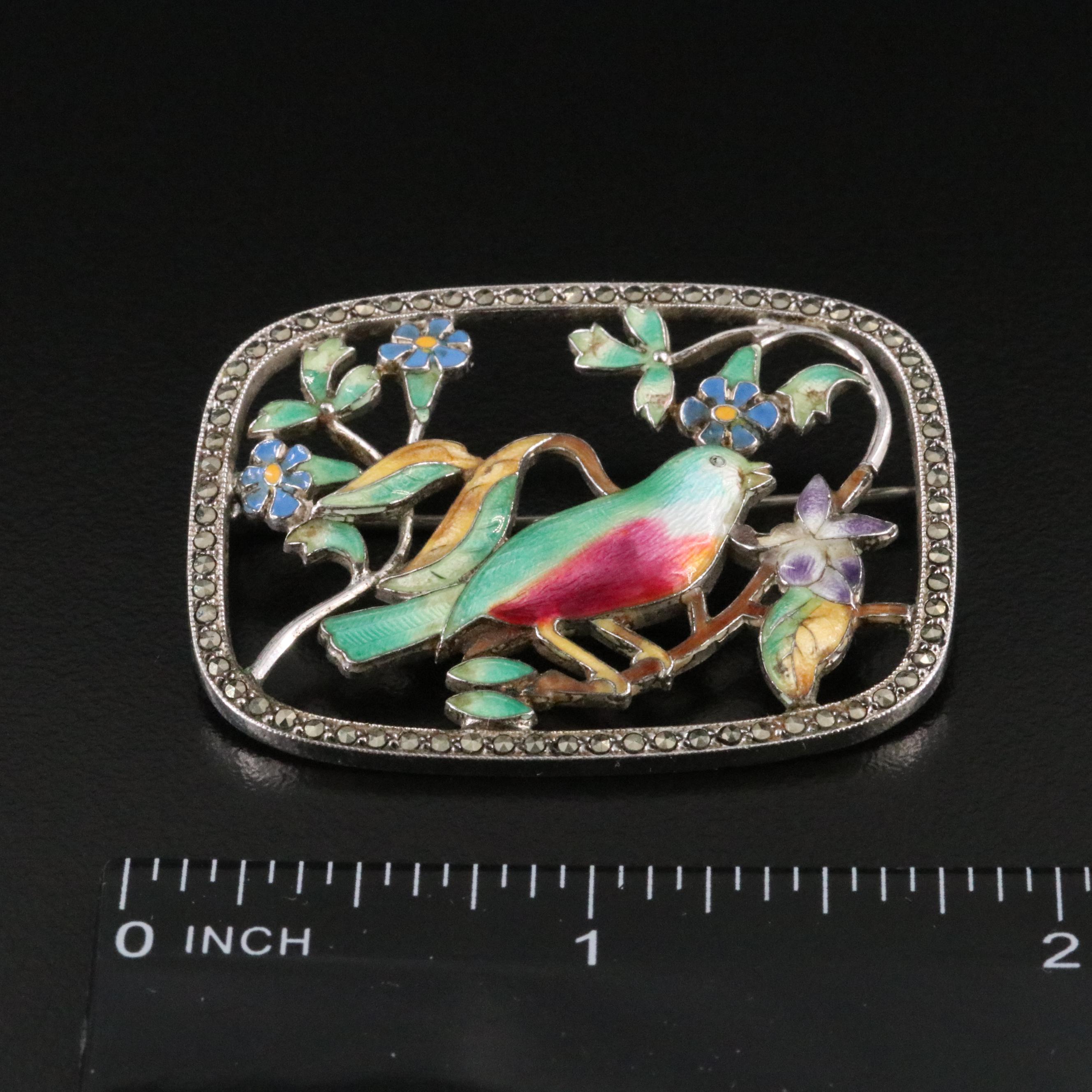 Sterling Enamel and Marcasite Bird Brooch