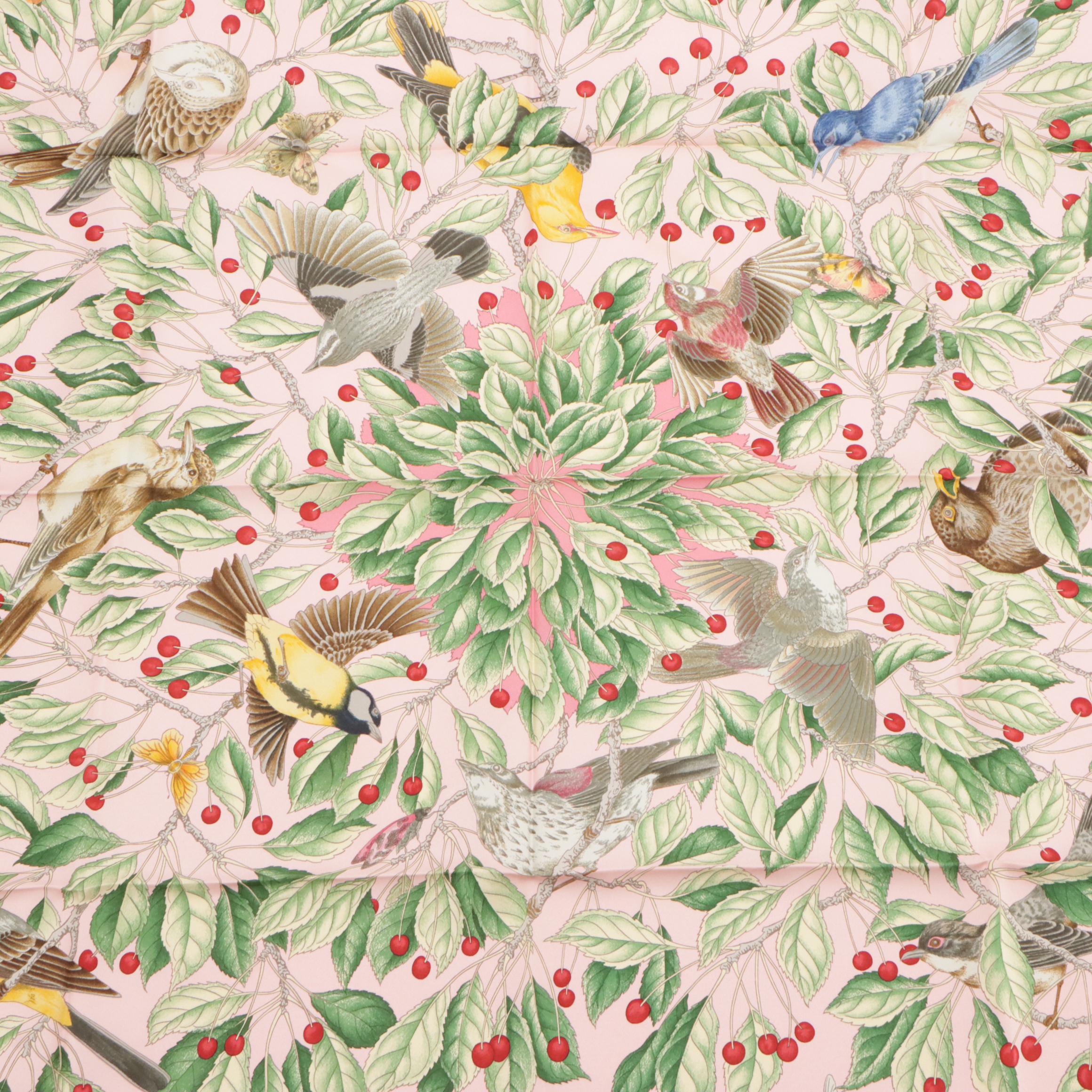 Hermès "Les Merises" Scarf 90 in Pink Silk Twill