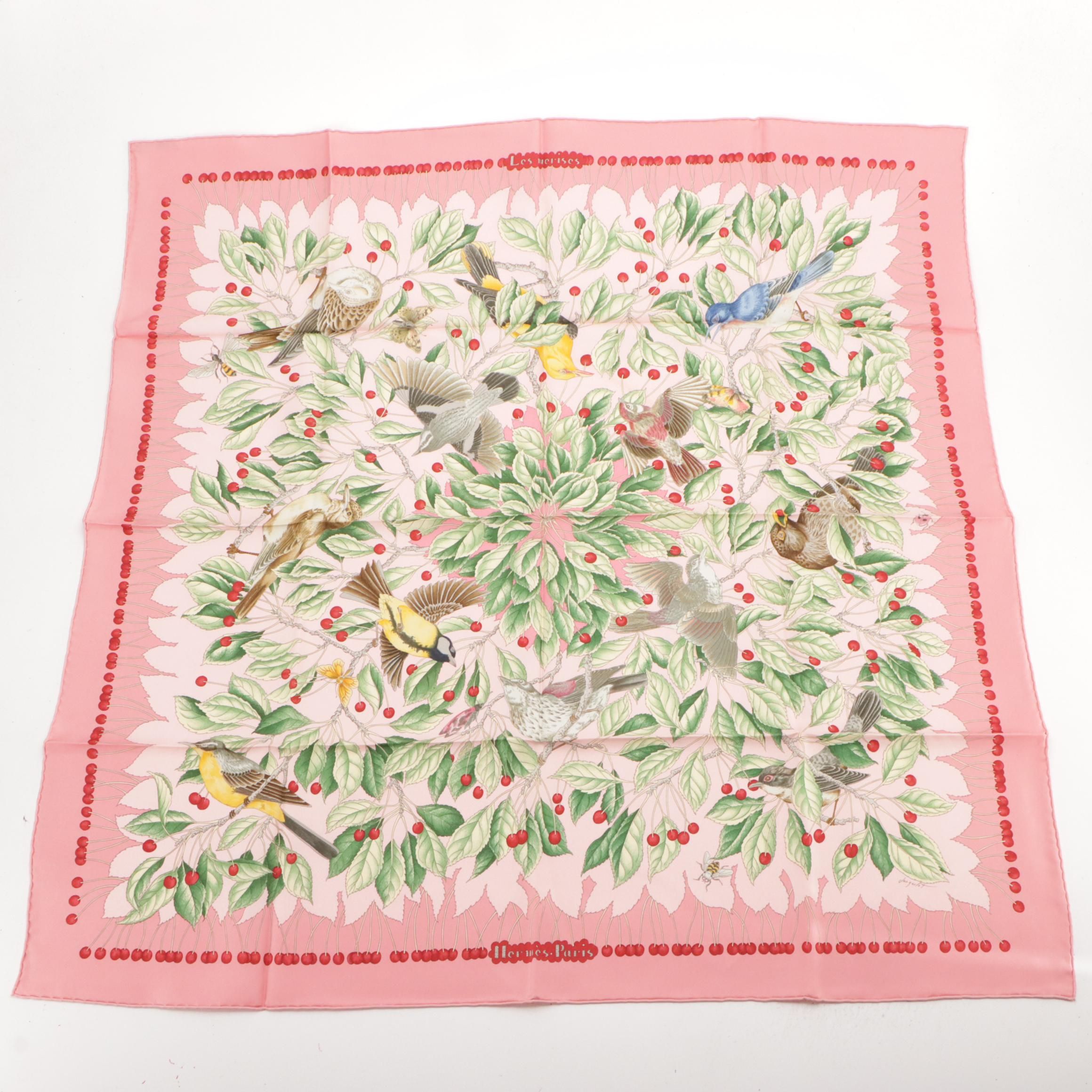 Hermès "Les Merises" Scarf 90 in Pink Silk Twill