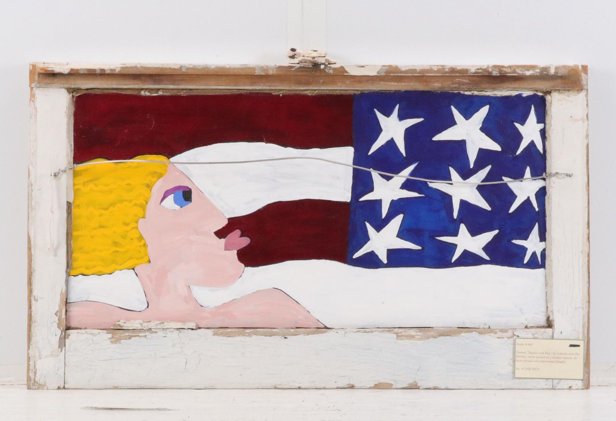 Pat Eberline Folk Art Window Painting "Maiden with Flag," 1998