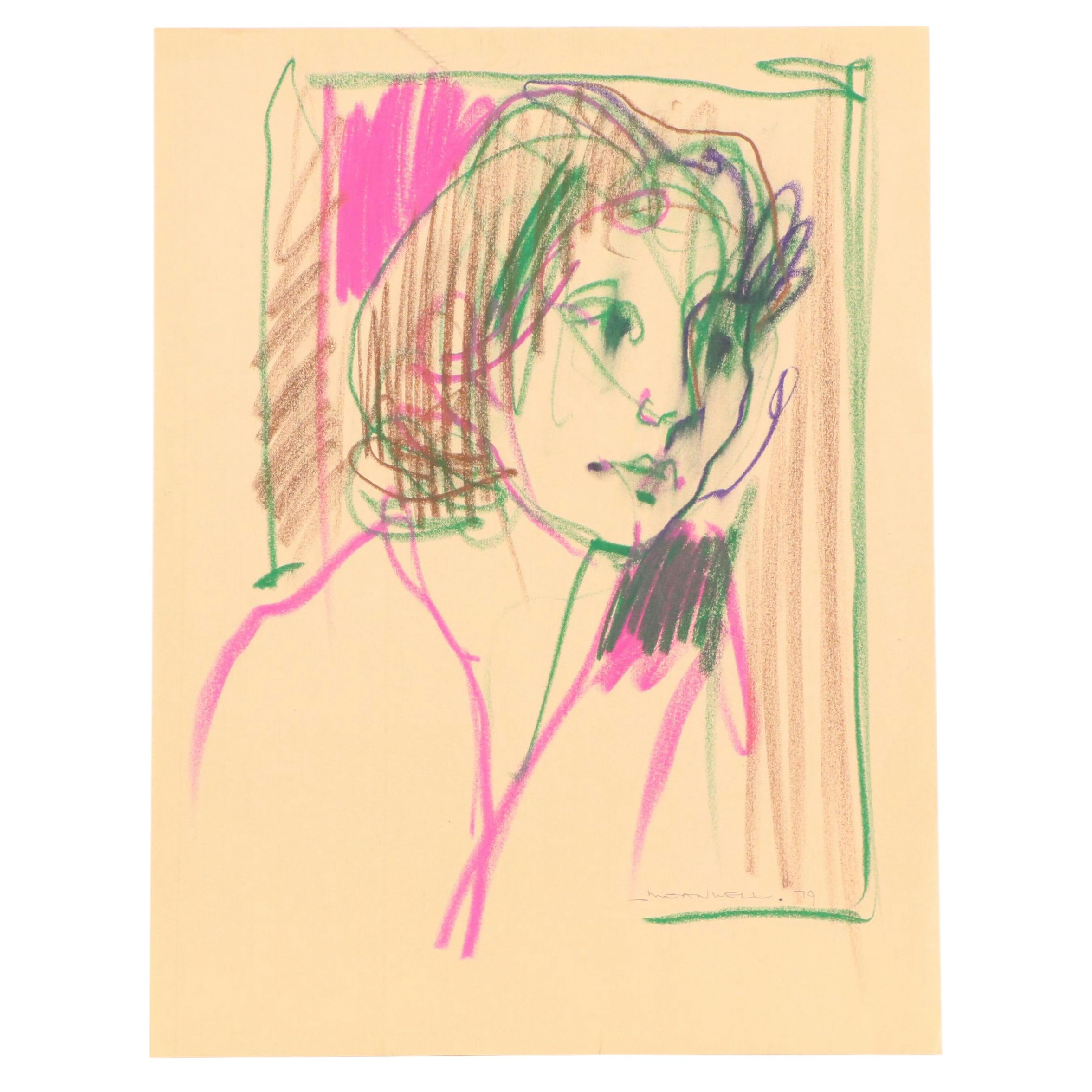 Jack Meanwell Expressionist Oil Pastel Portrait Drawing, 1979