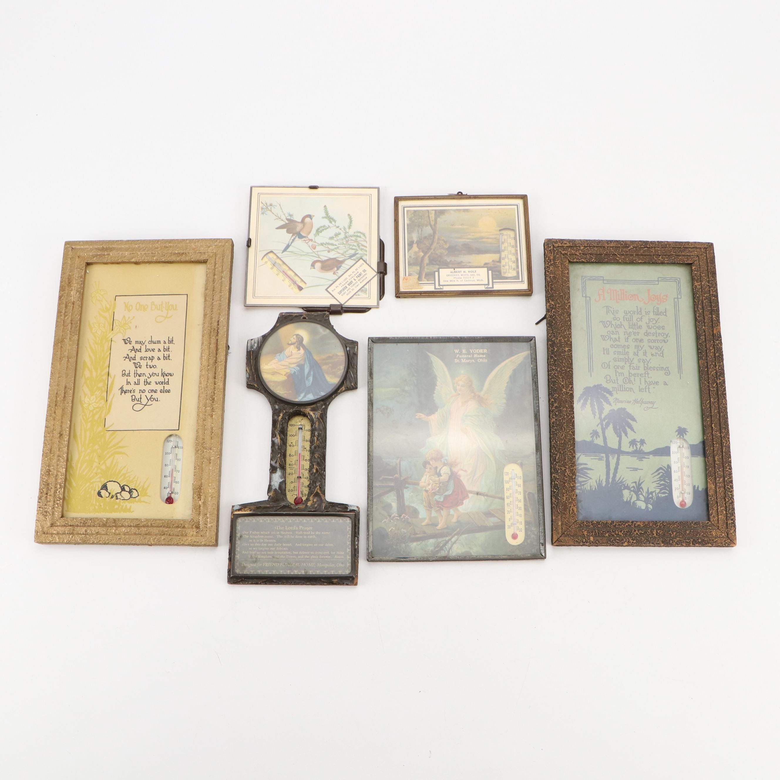 Framed Advertising and Other Paper Backed Thermometers and Calendars, Mid-20th C