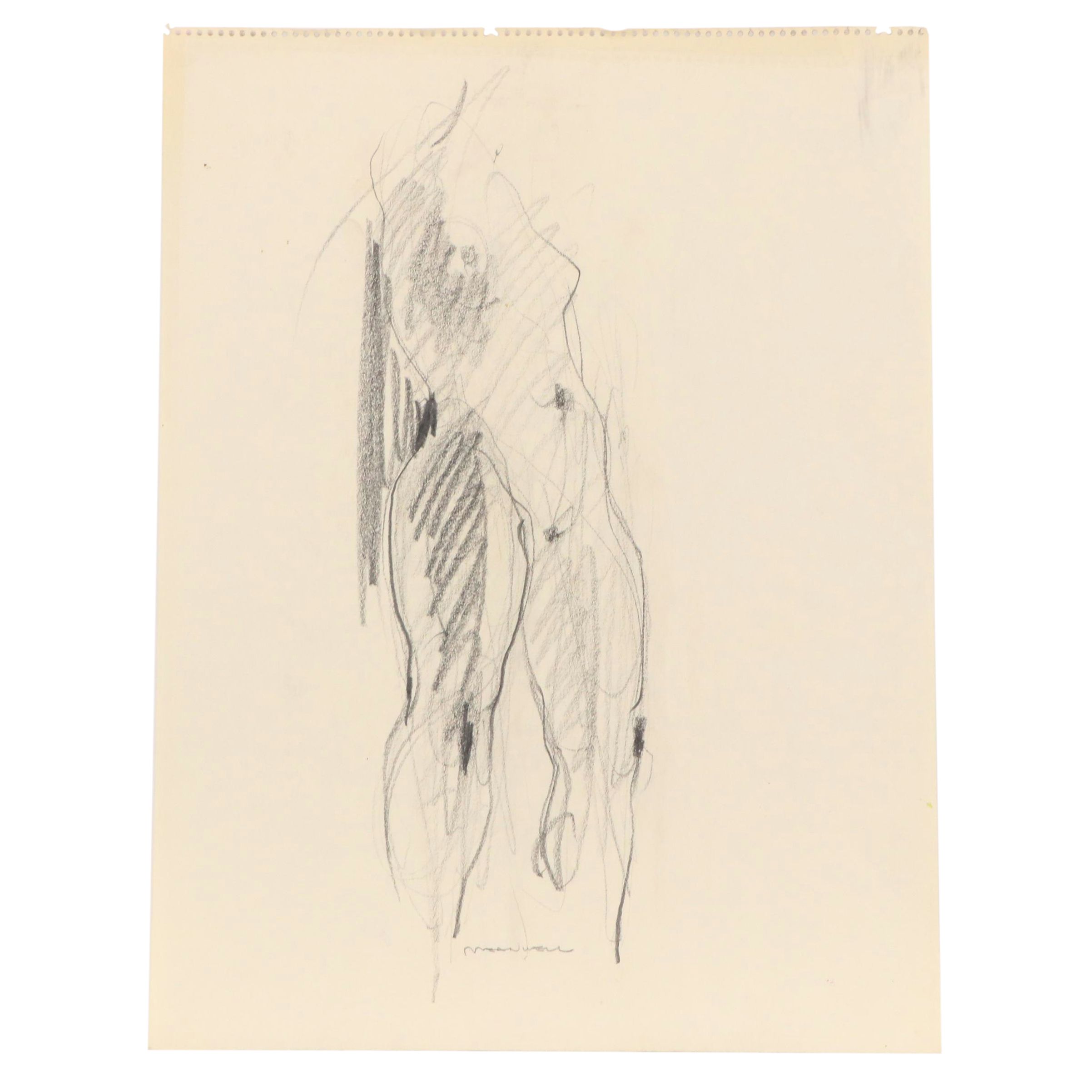 Jack Meanwell Expressionist Graphite Figure Drawing, Late 20th Century