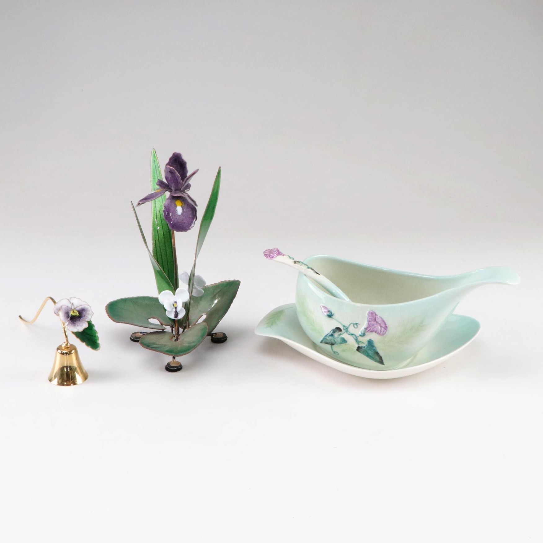 Bovano Enameled Iris Figurine, Carlton Ware Morning Glory Gravy Boat, and More