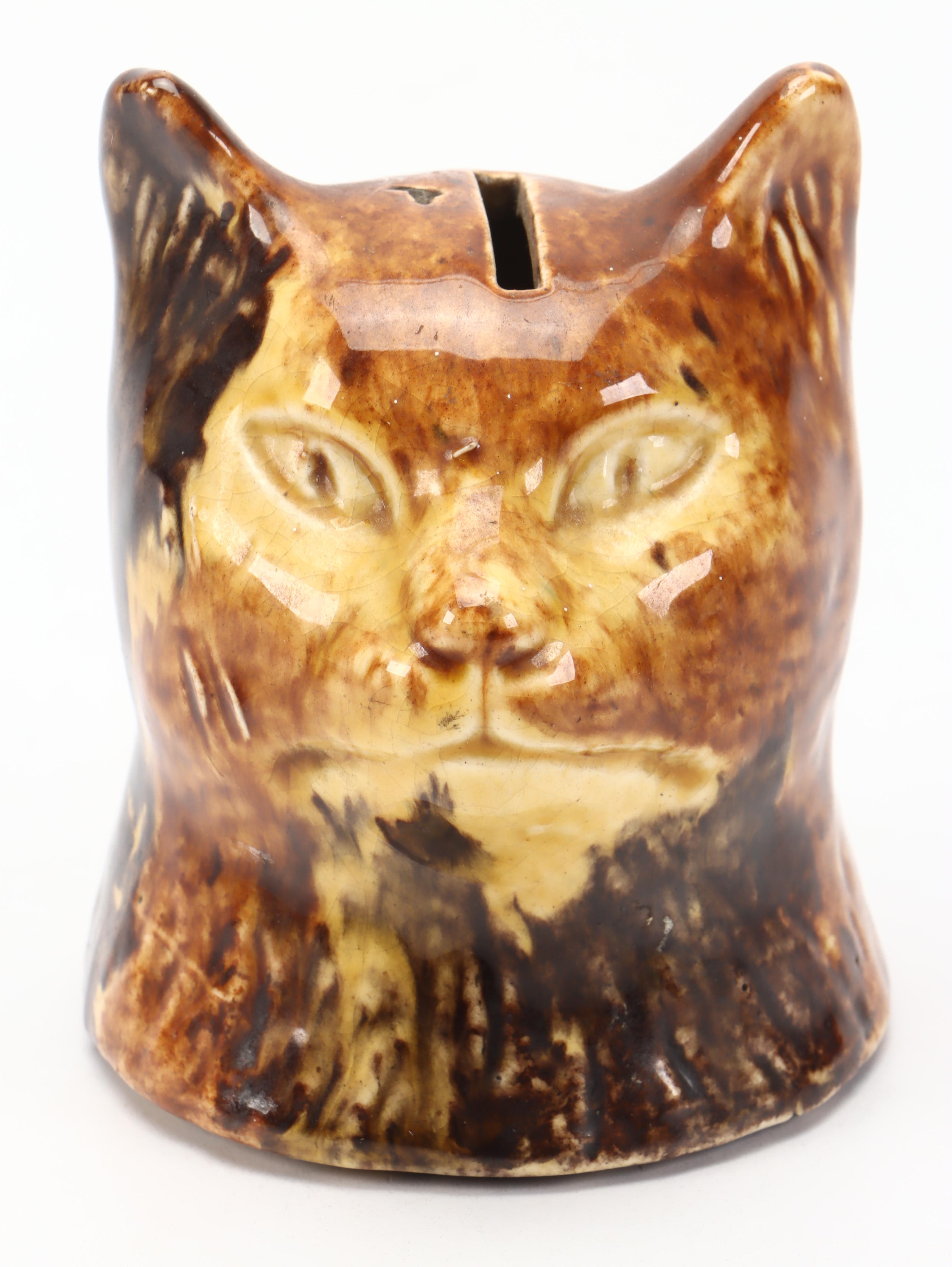 Bennington Ceramic Cat Head Coin Bank, Late 19th/Early 20th Century