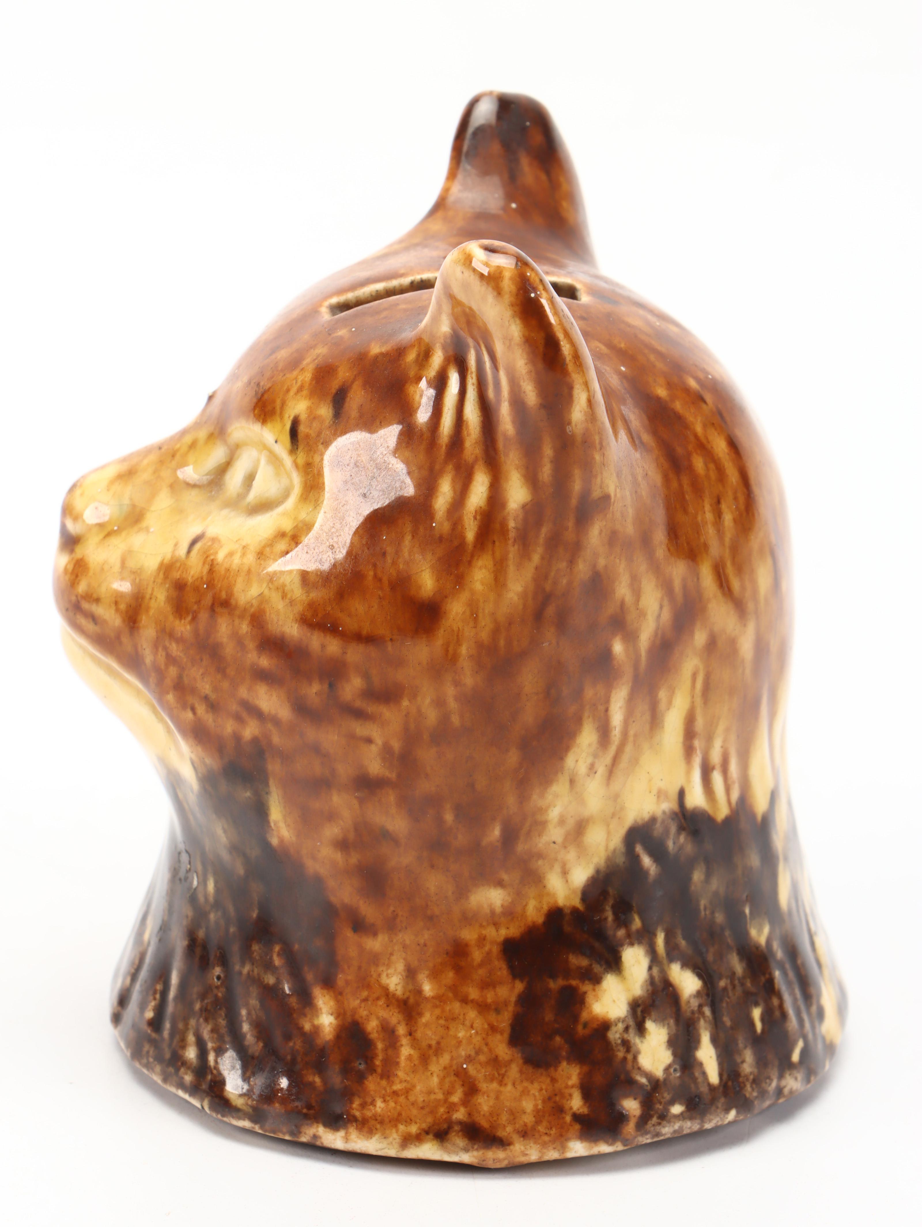 Bennington Ceramic Cat Head Coin Bank, Late 19th/Early 20th Century