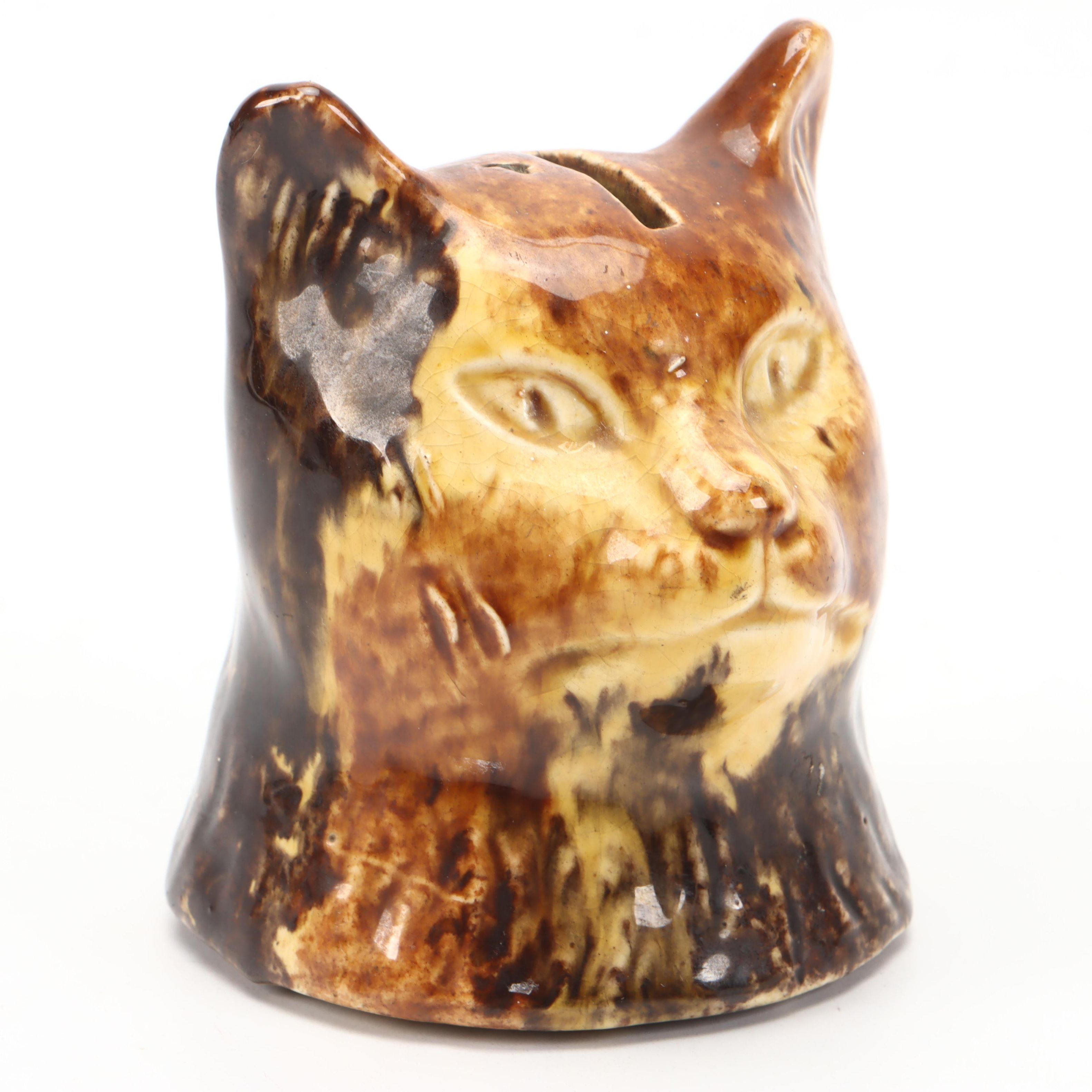 Bennington Ceramic Cat Head Coin Bank, Late 19th/Early 20th Century