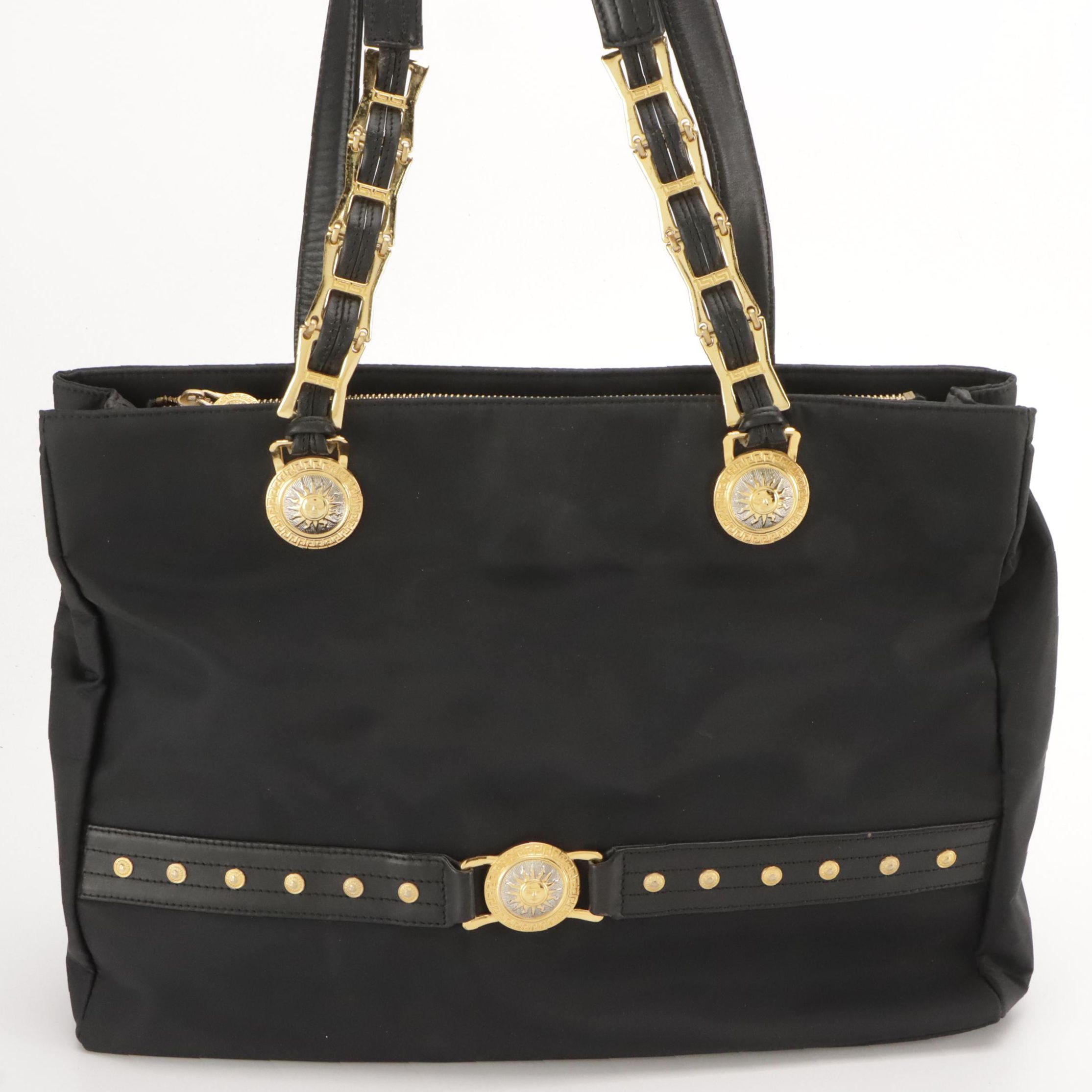 Gianni Versace Sunburst Medallion Nylon and Leather Shoulder Tote, 1990s