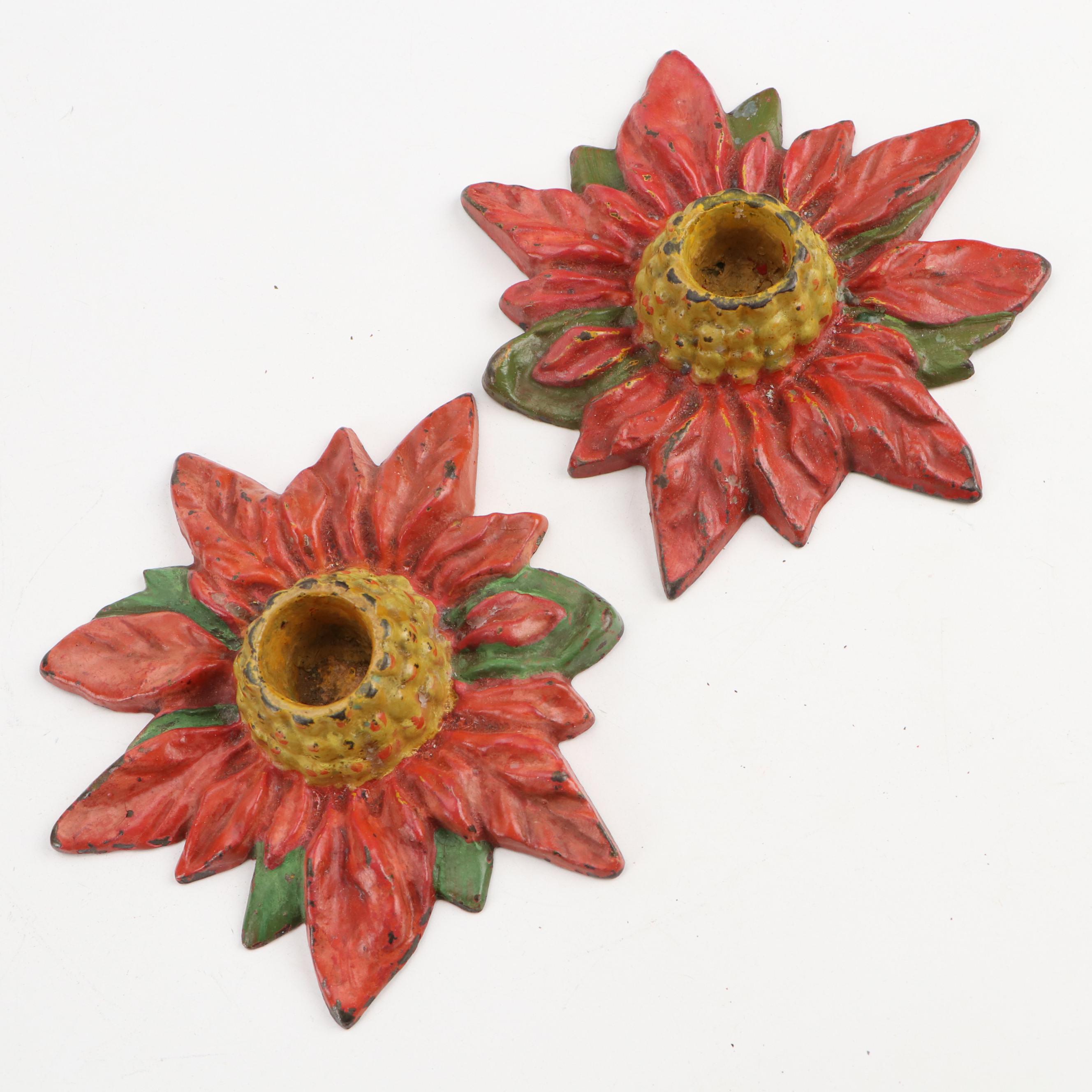 Painted Cast Iron Poinsettia and Other Holiday Candlesticks