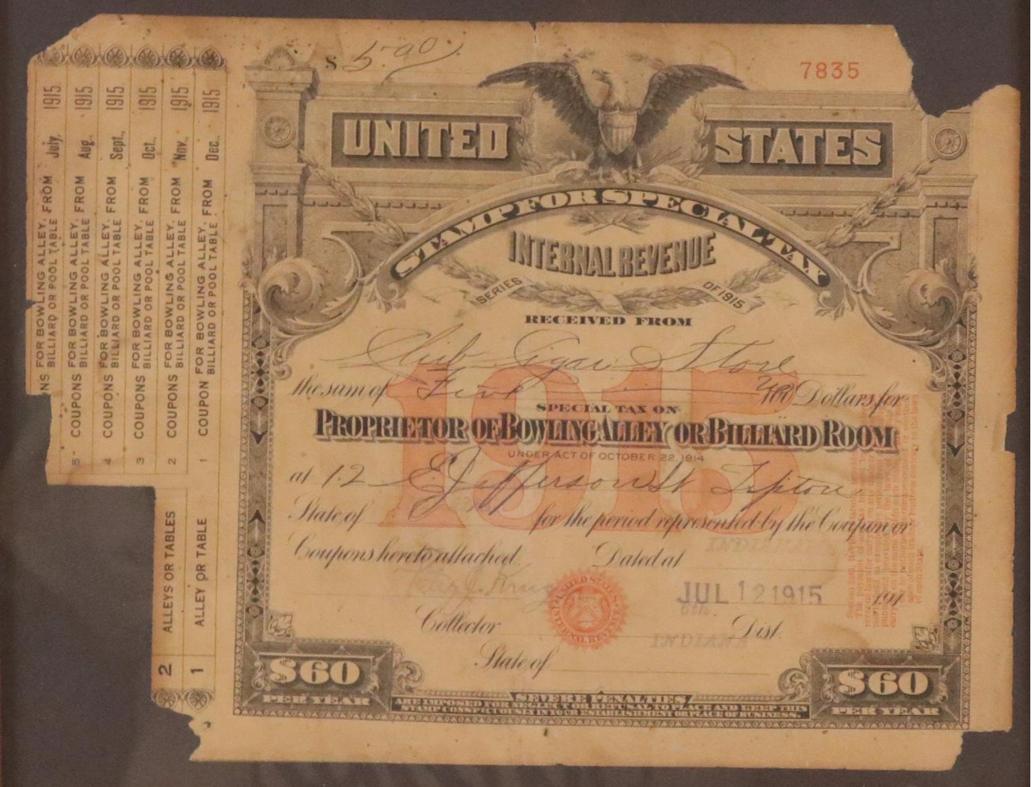 Internal Revenue Bowling Alley or Billiard Room Special Tax Stamp Document, 1916