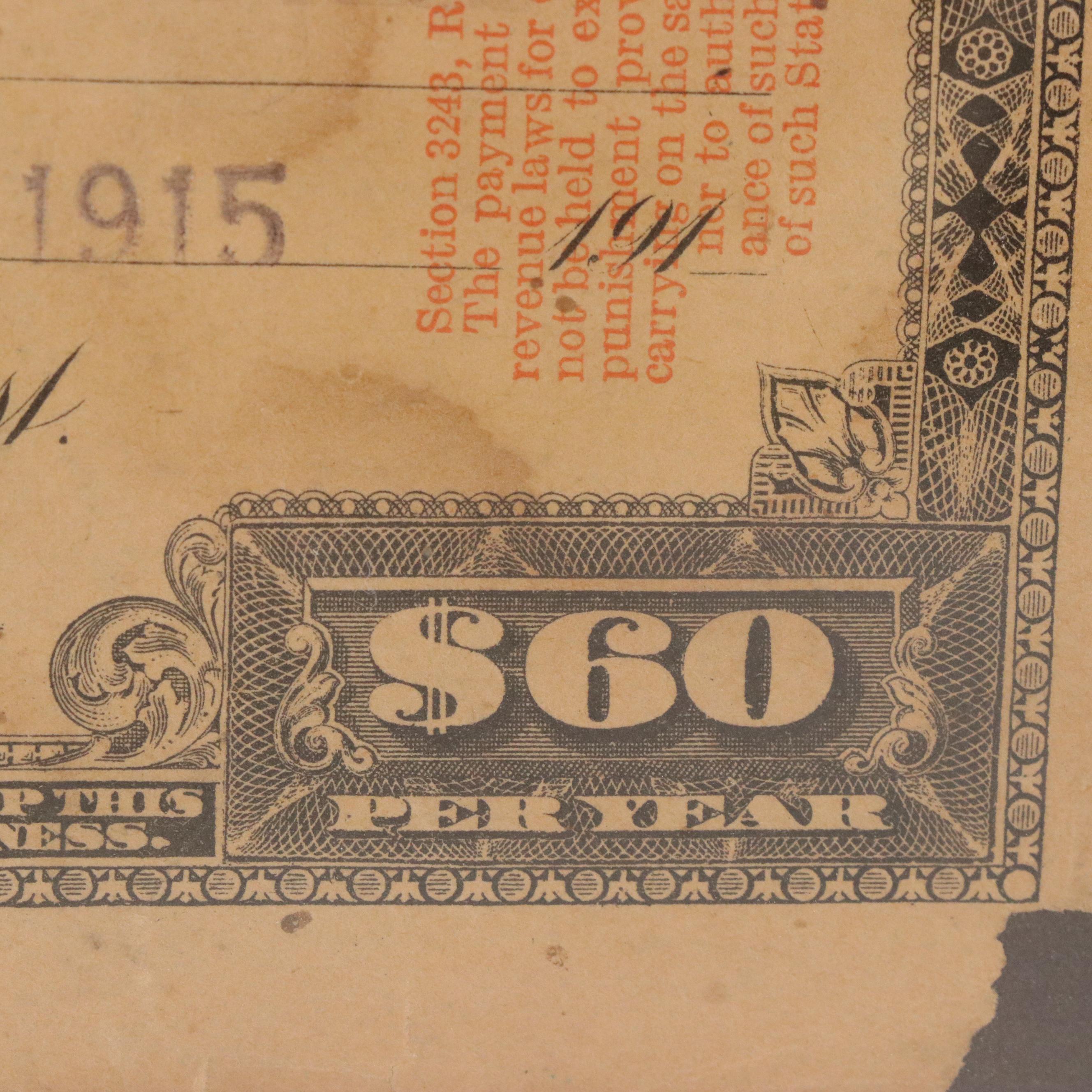 Internal Revenue Bowling Alley or Billiard Room Special Tax Stamp Document, 1916