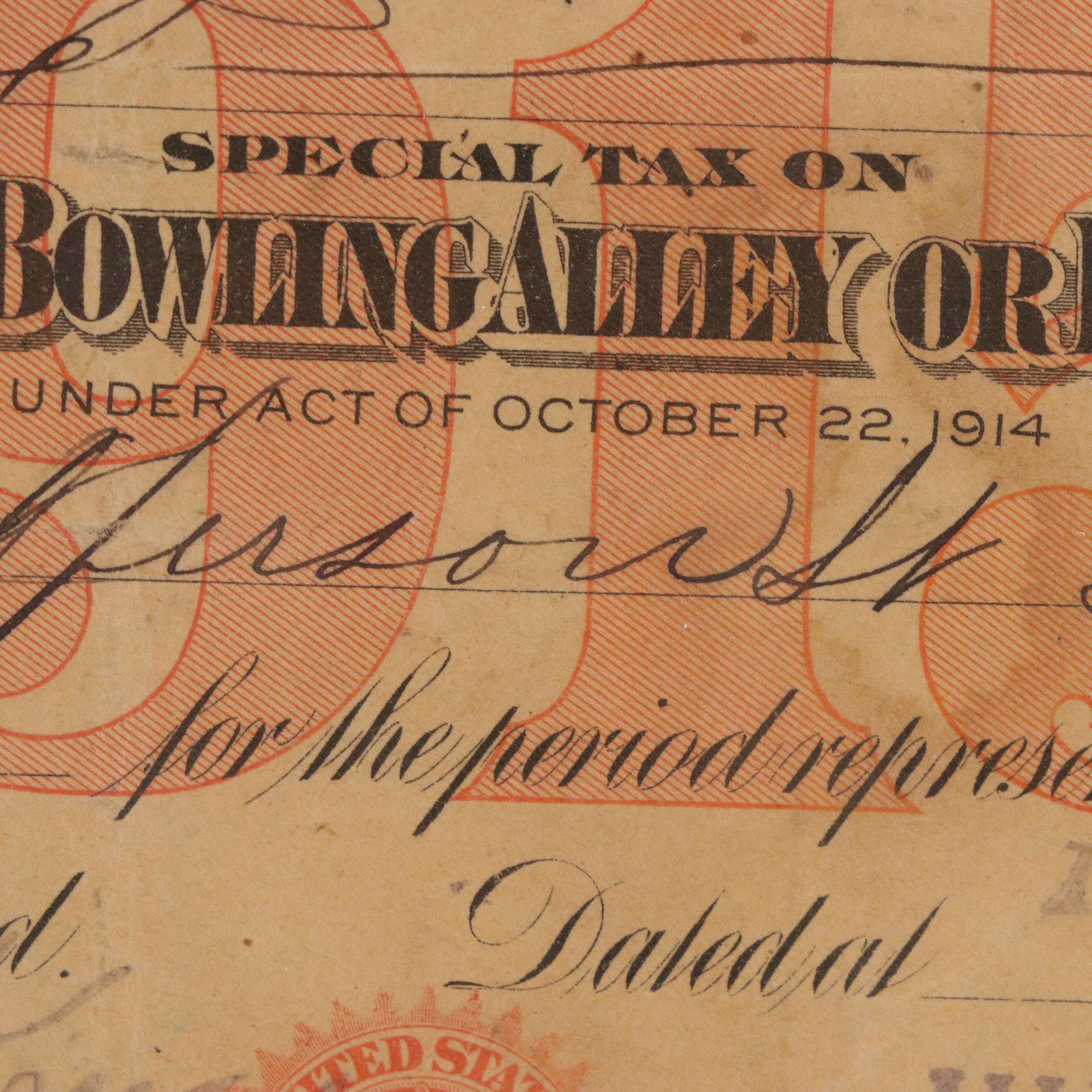 Internal Revenue Bowling Alley or Billiard Room Special Tax Stamp Document, 1916